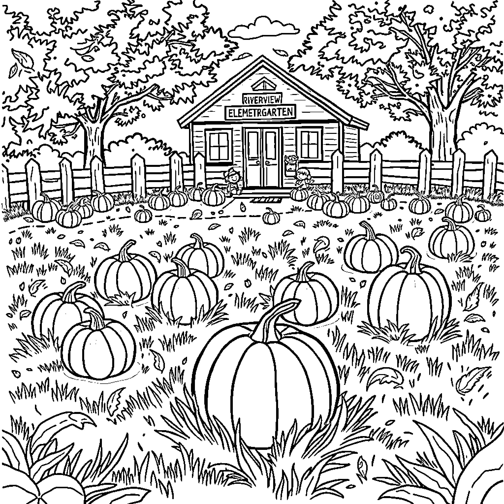 Pumpkin Patch Autumnal Landscape Coloring Page (free black-and-white line drawing printable PDF for all, from beginners to advanced learners, including children, teens, adults, and seniors)