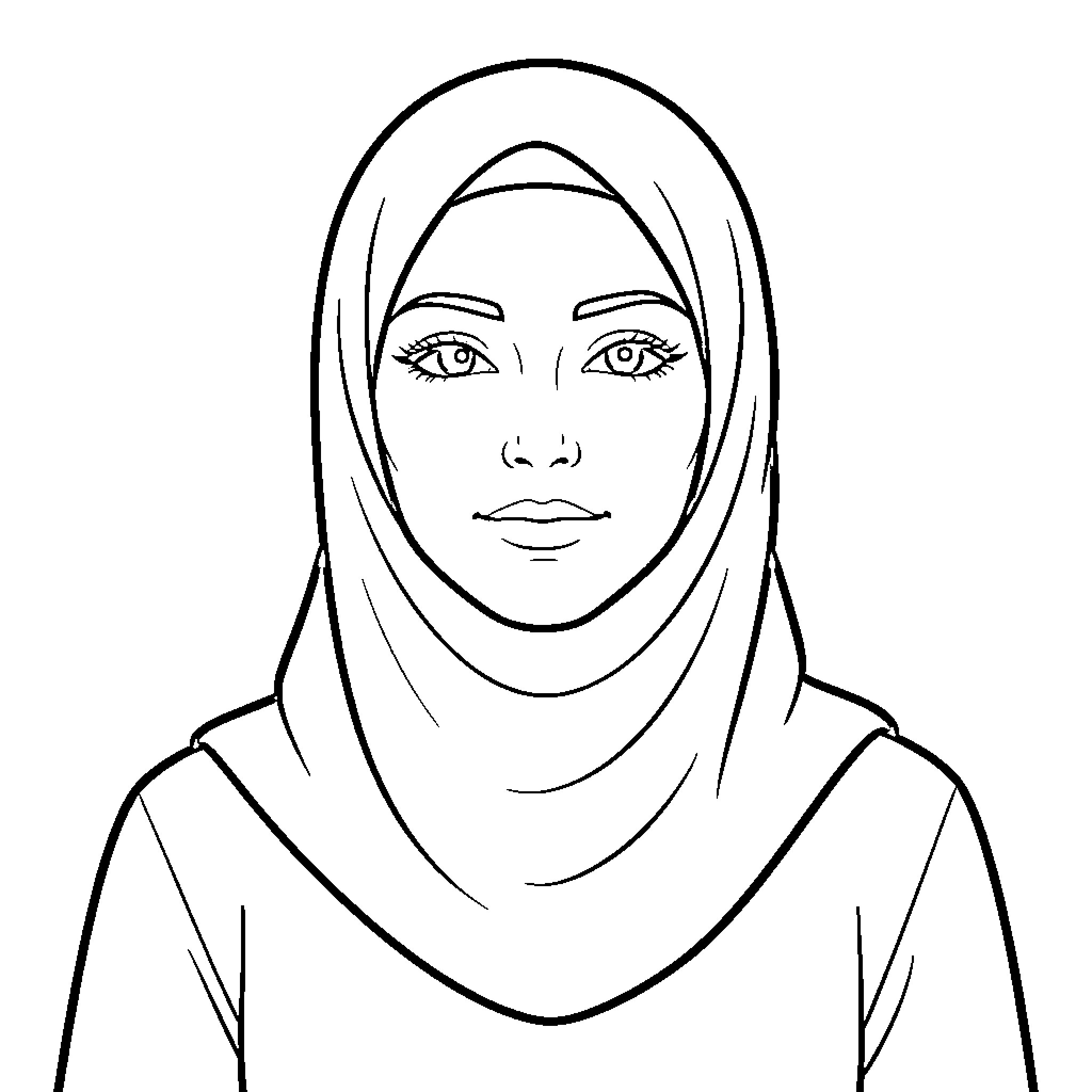 Hijab wearing woman looking forward with a calm expression Coloring Page (free black-and-white line drawing printable PDF for all, from beginners to advanced learners, including children, teens, adults, and seniors)