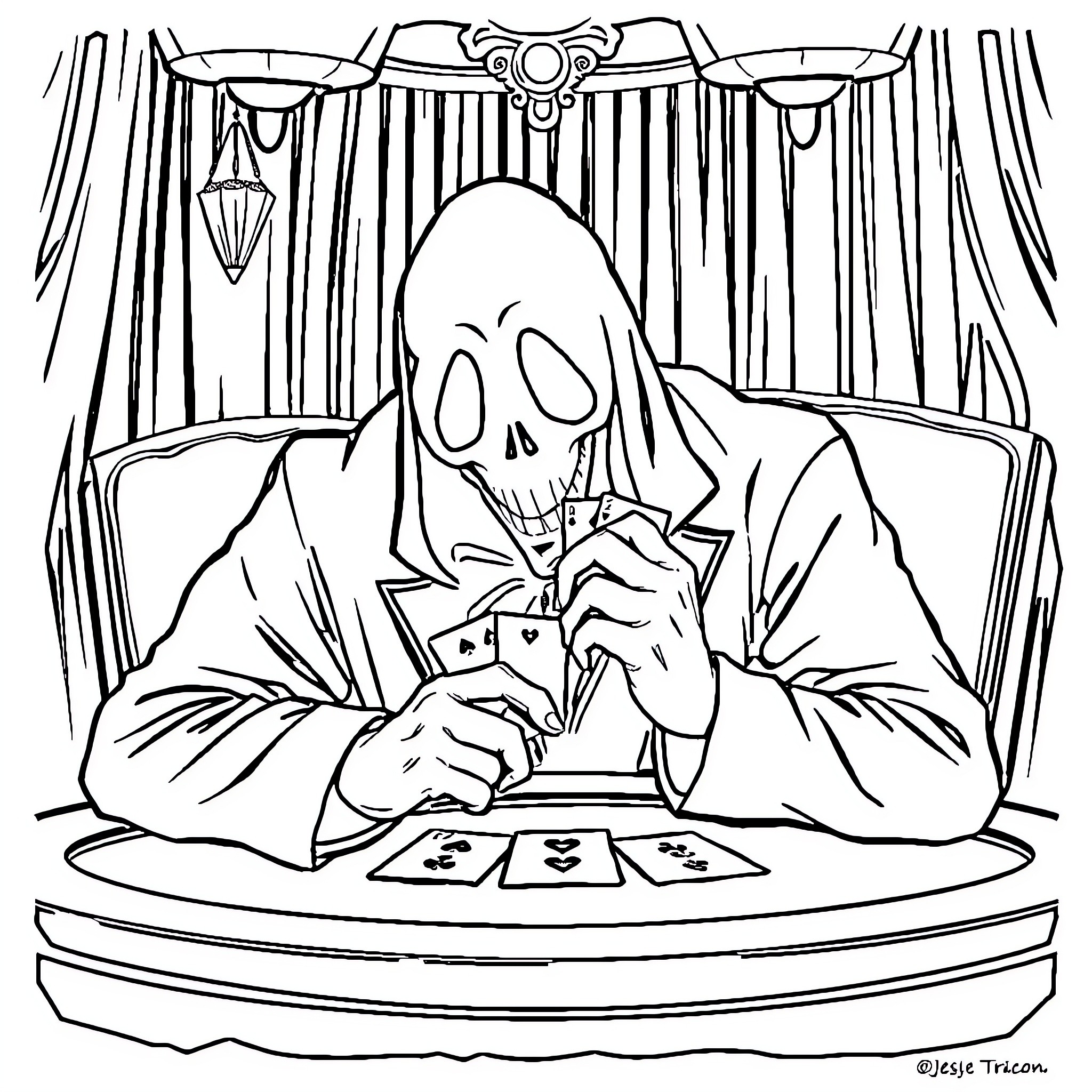 Ghostface Tarot Card Reader Coloring Page (free black-and-white line drawing printable PDF for all, from beginners to advanced learners, including children, teens, adults, and seniors)