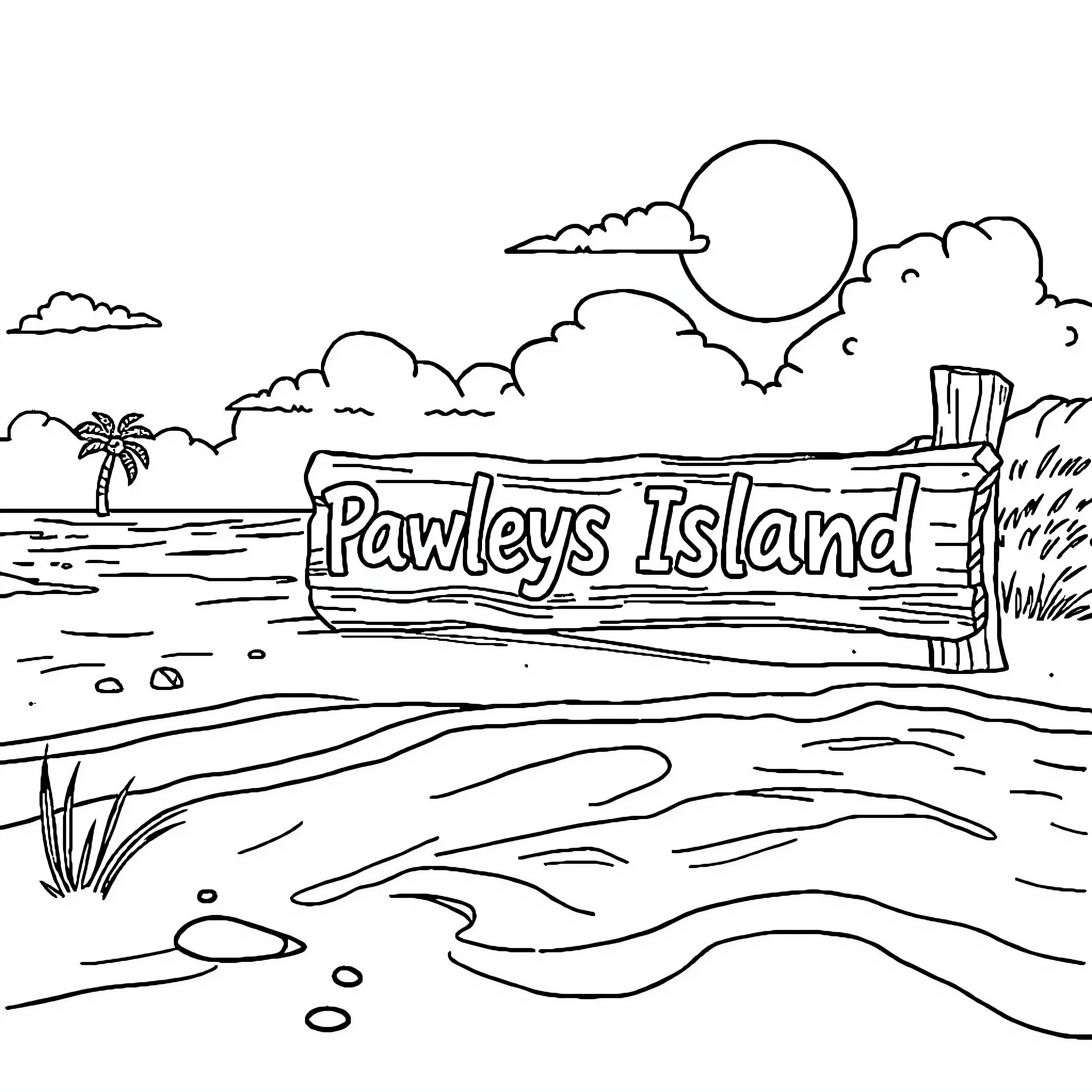 Pawleys Island - Peaceful Beach Scene Coloring Page (free black-and-white line drawing printable PDF for all, from beginners to advanced learners, including children, teens, adults, and seniors)