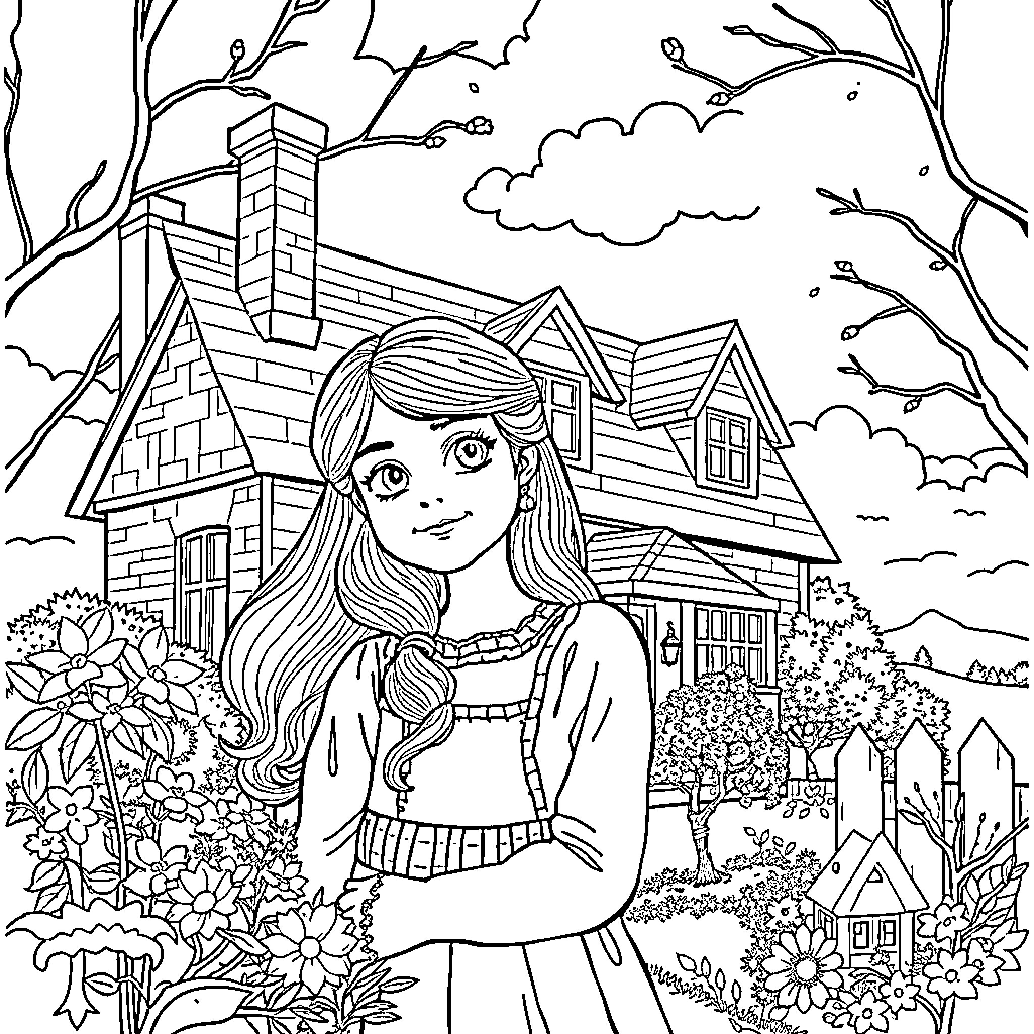 Anne's Picturesque Garden Adventure Coloring Page (free black-and-white line drawing printable PDF for all, from beginners to advanced learners, including children, teens, adults, and seniors)