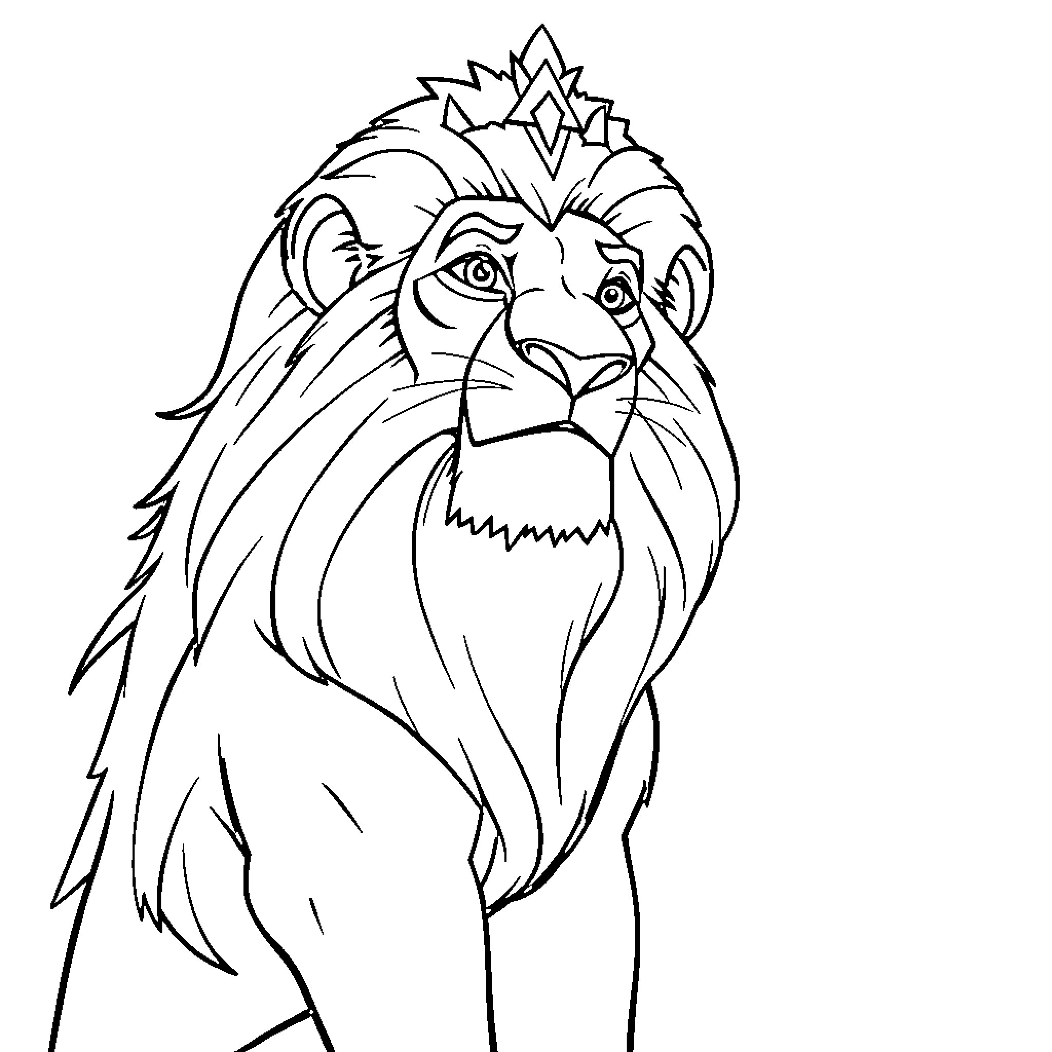 Mufasa the Majestic Lion King Coloring Page (free black-and-white line drawing printable PDF for all, from beginners to advanced learners, including children, teens, adults, and seniors)