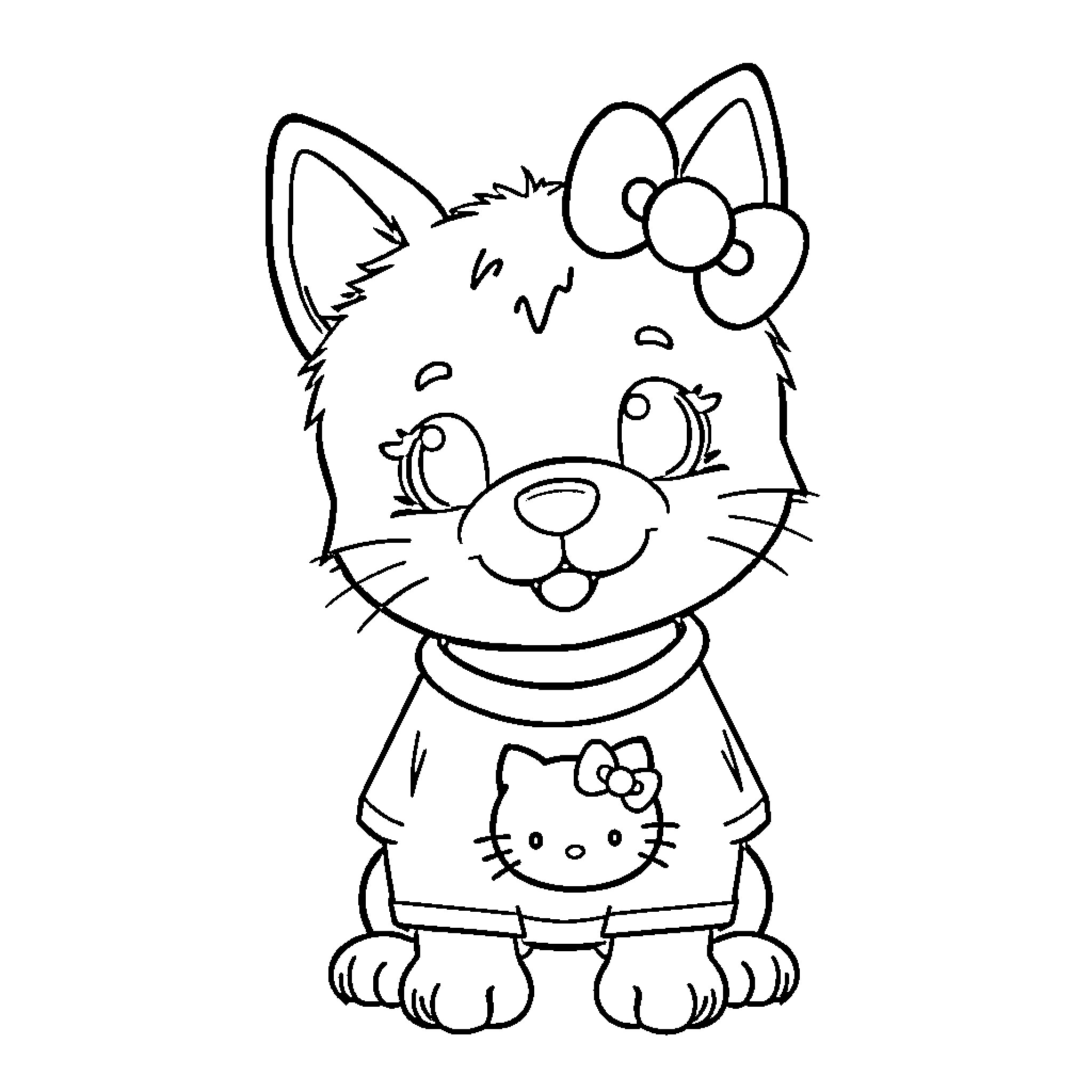 Bluey the Playful Kitten in a Hello Kitty Outfit Coloring Page (free black-and-white line drawing printable PDF for all, from beginners to advanced learners, including children, teens, adults, and seniors)