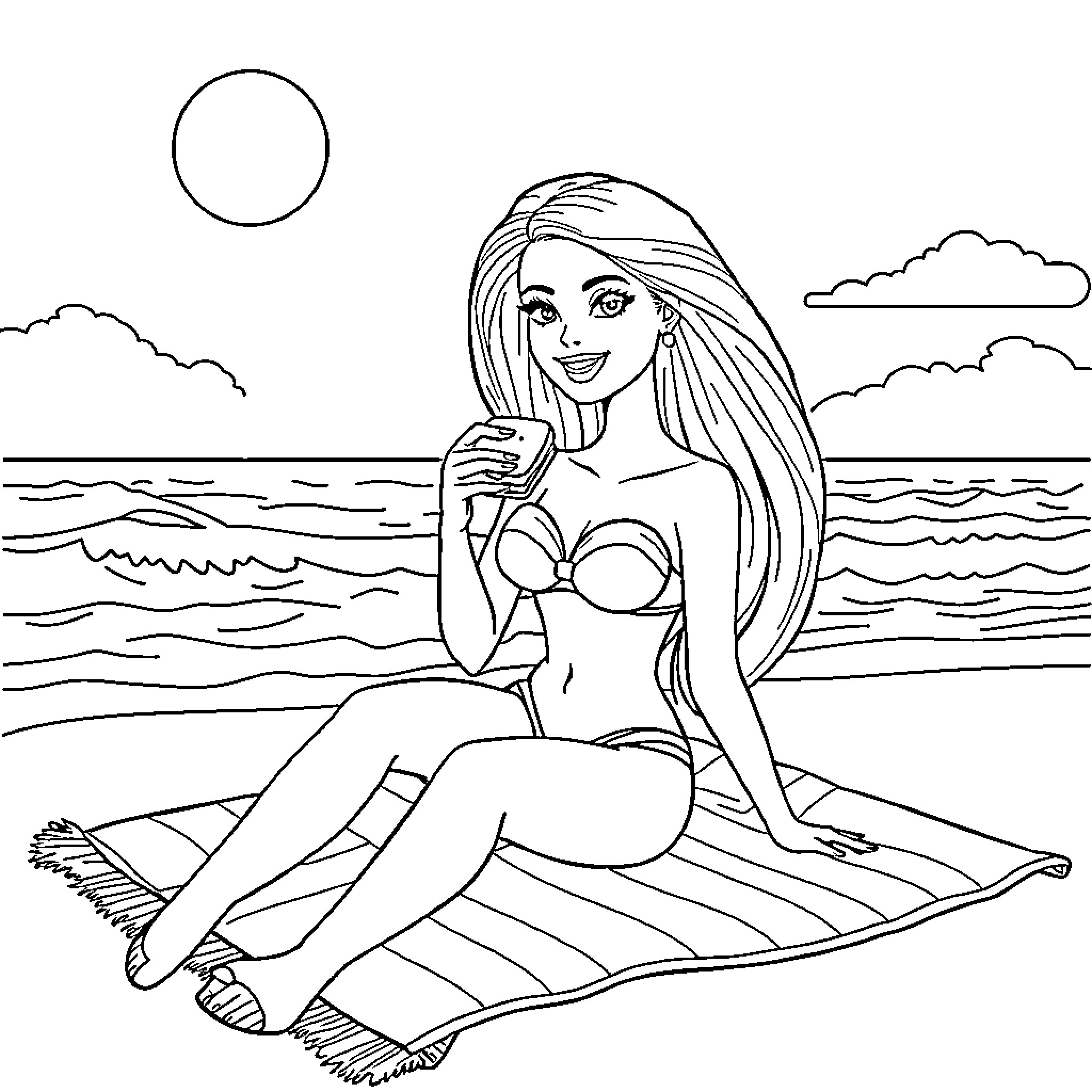 Barbie relaxing on the beach Coloring Page (free black-and-white line drawing printable PDF for all, from beginners to advanced learners, including children, teens, adults, and seniors)