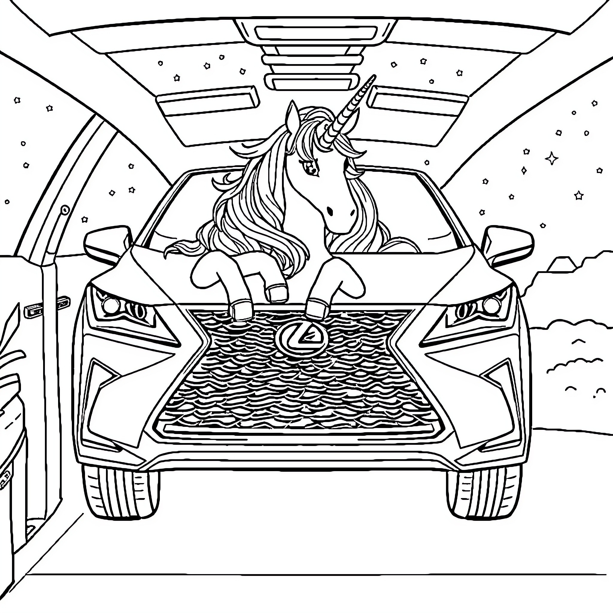 Unicorn riding in a stylish car Coloring Page (free black-and-white line drawing printable PDF for all, from beginners to advanced learners, including children, teens, adults, and seniors)