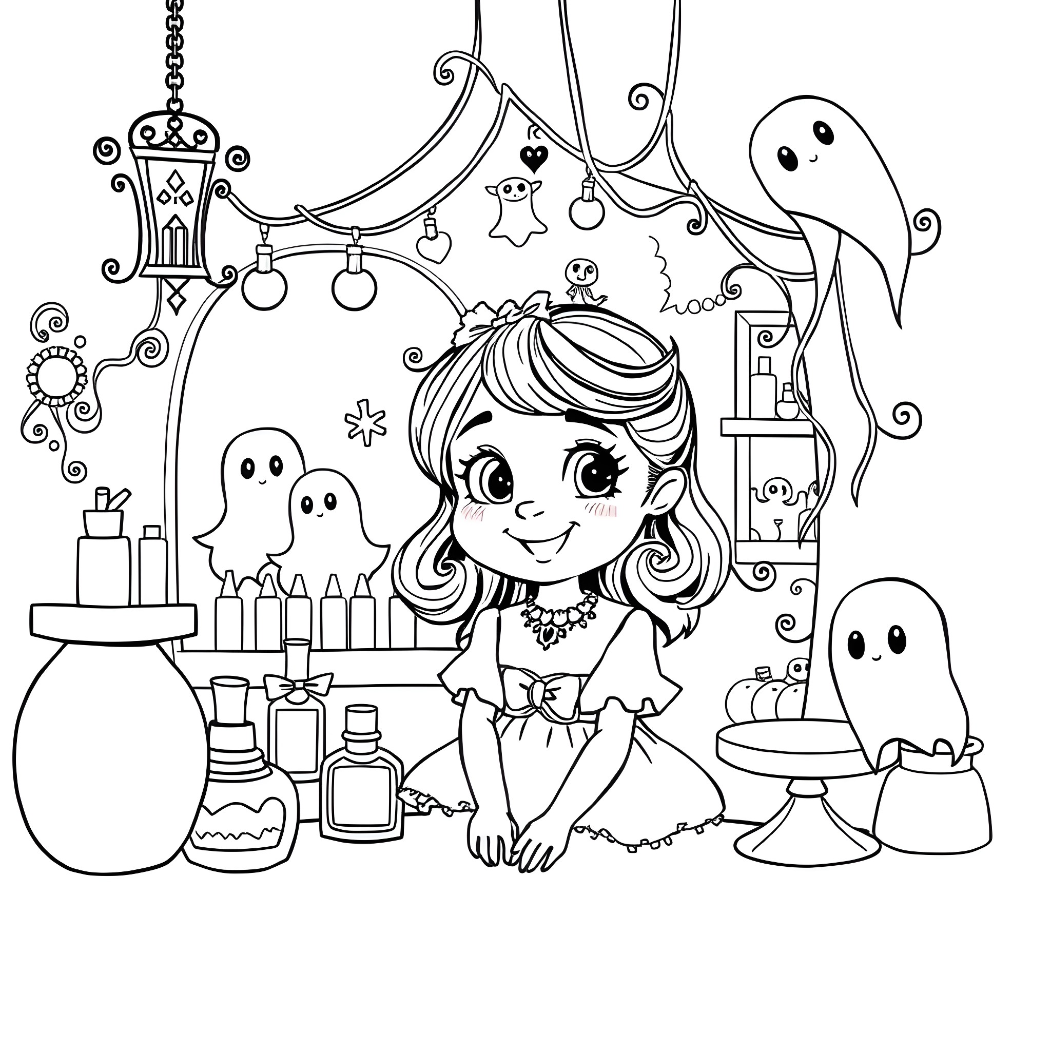 Girl surrounded by Halloween decorations and ghosts Coloring Page (free black-and-white line drawing printable PDF for all, from beginners to advanced learners, including children, teens, adults, and seniors)