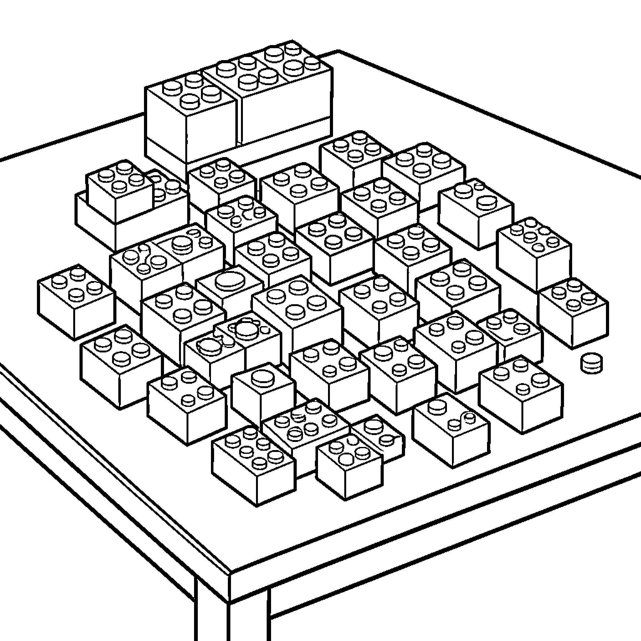 Lego bricks scattered across a flat table surface Coloring Page (free black-and-white line drawing printable PDF for all, from beginners to advanced learners, including children, teens, adults, and seniors)