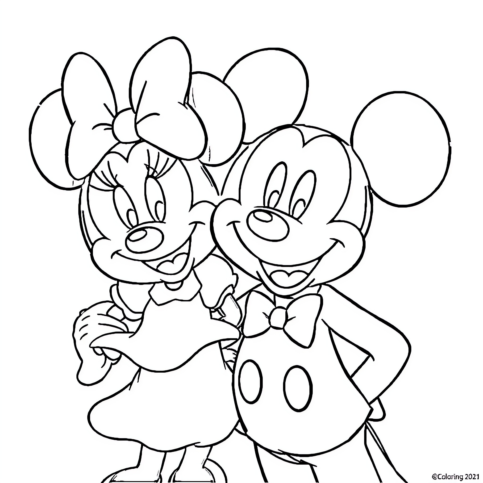 Mickey Mouse and Minnie Mouse in Formal Attire Coloring Page (free black-and-white line drawing printable PDF for all, from beginners to advanced learners, including children, teens, adults, and seniors)