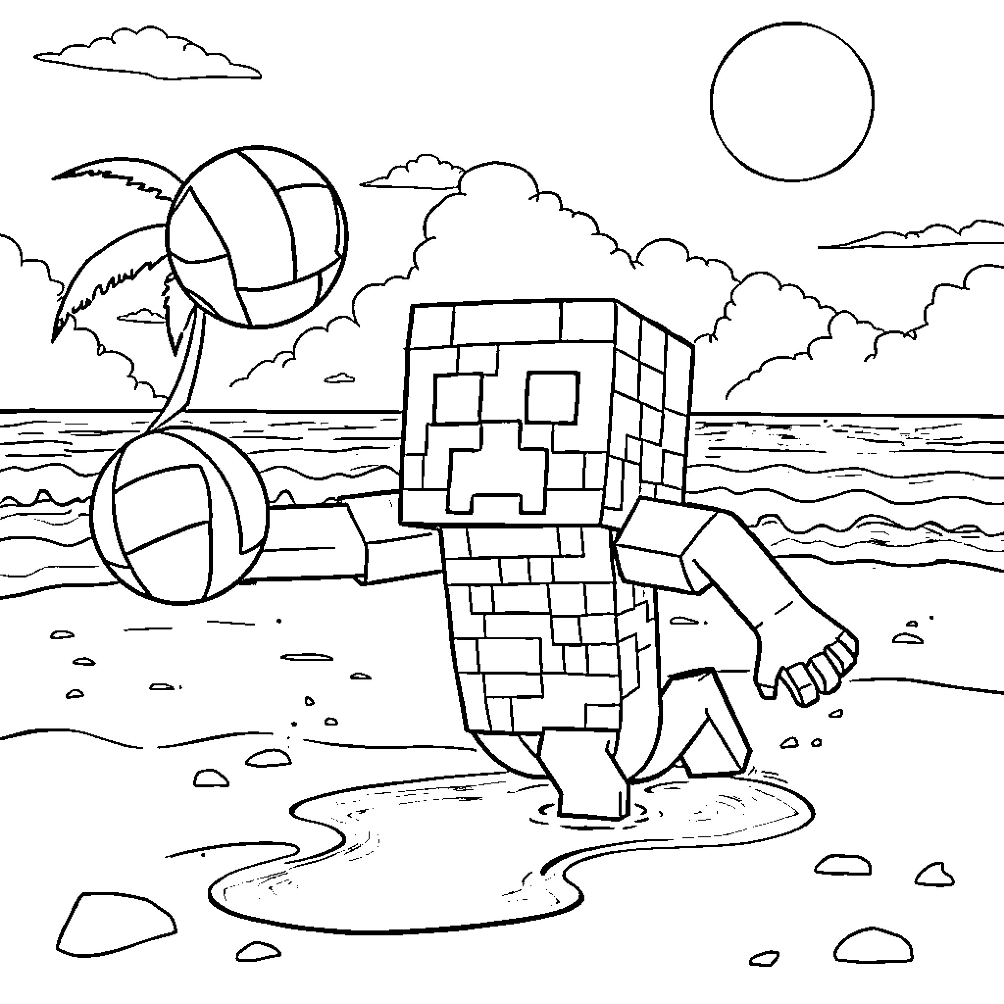 Creeper exploring the beach with beach balls Coloring Page (free black-and-white line drawing printable PDF for all, from beginners to advanced learners, including children, teens, adults, and seniors)