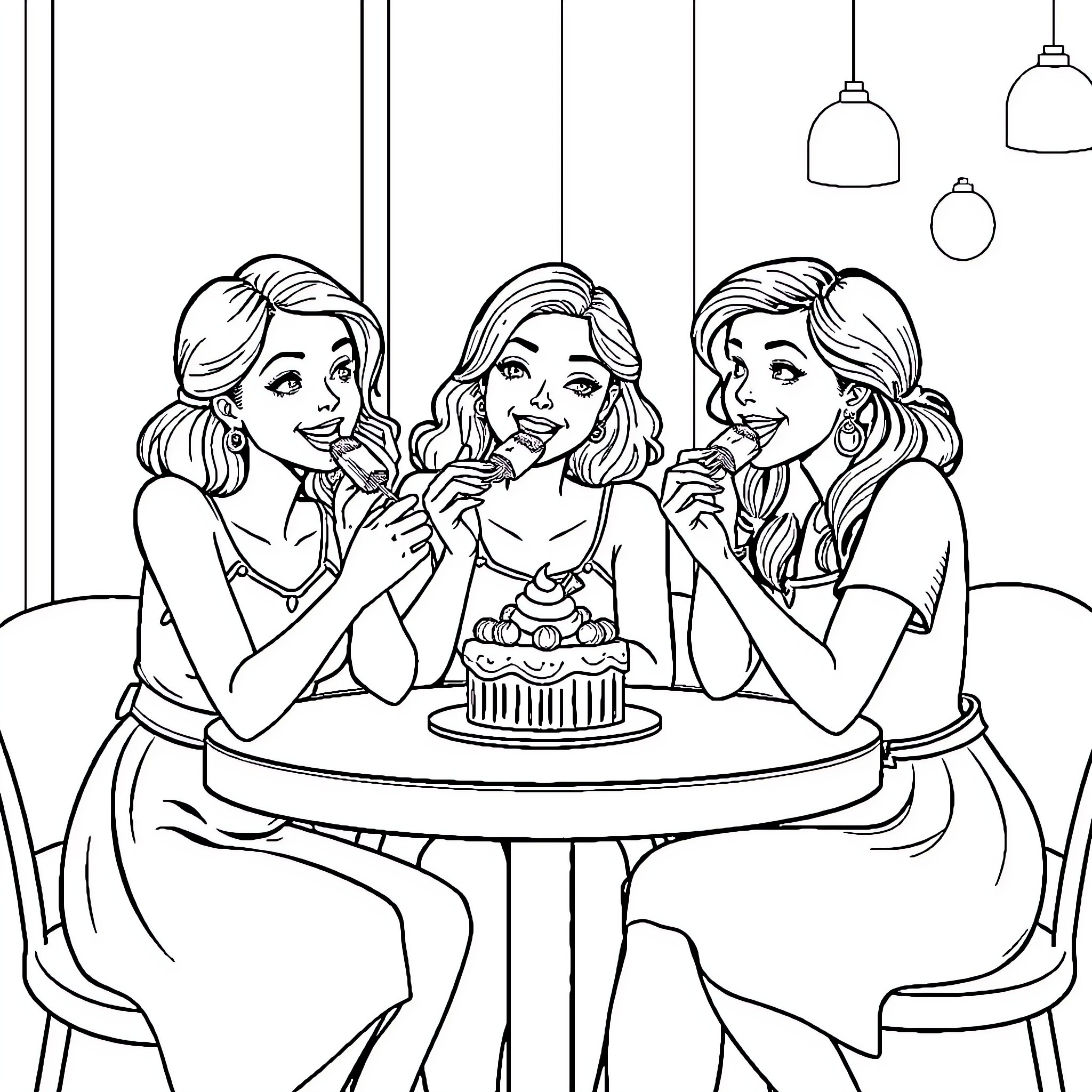 Lady friends celebrating with cupcakes in a cafe Coloring Page (free black-and-white line drawing printable PDF for all, from beginners to advanced learners, including children, teens, adults, and seniors)