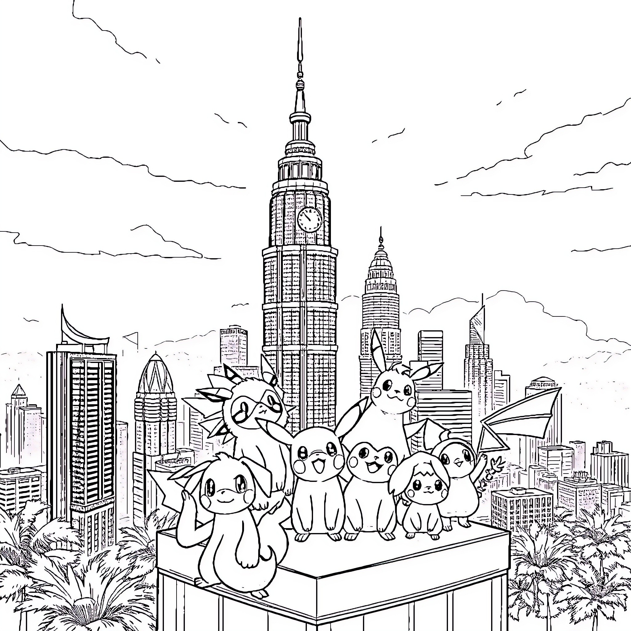 Pokémon characters exploring the city skyline Coloring Page (free black-and-white line drawing printable PDF for all, from beginners to advanced learners, including children, teens, adults, and seniors)