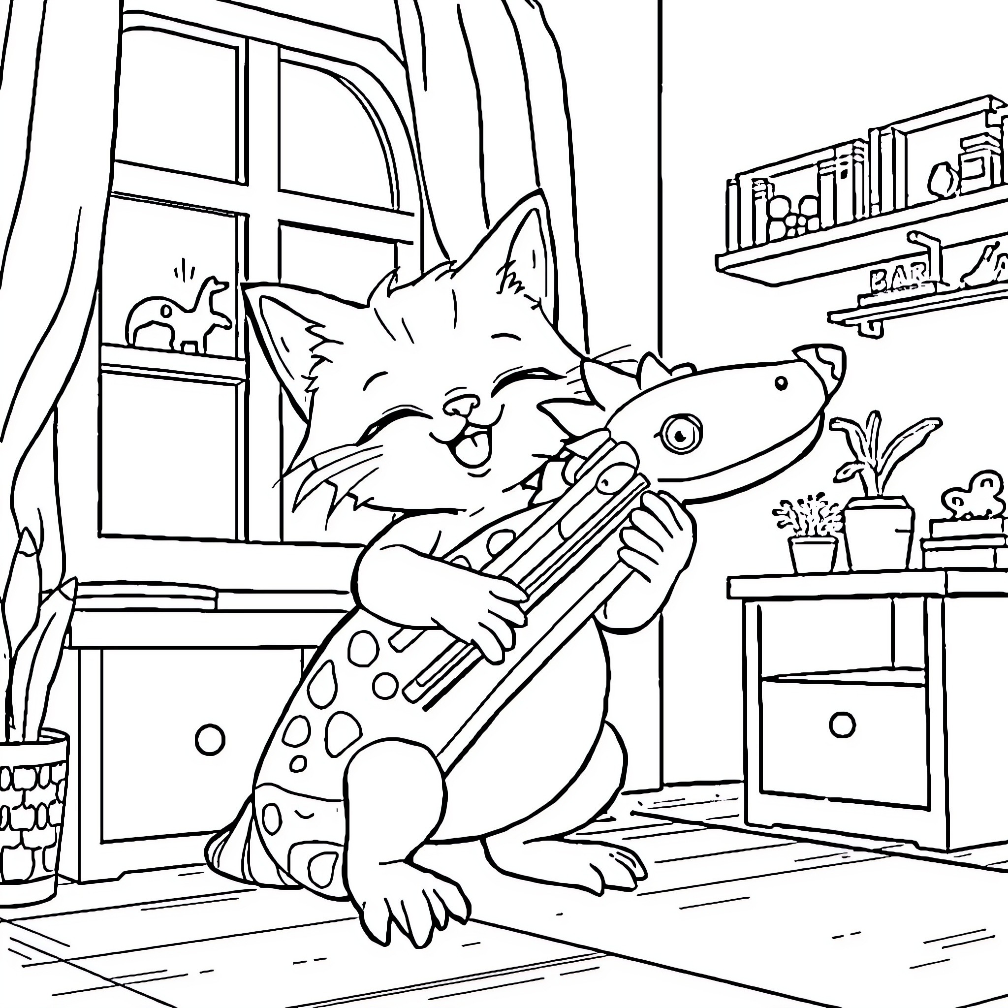Mercat Playing with Toys in Cozy Room Coloring Page (free black-and-white line drawing printable PDF for all, from beginners to advanced learners, including children, teens, adults, and seniors)