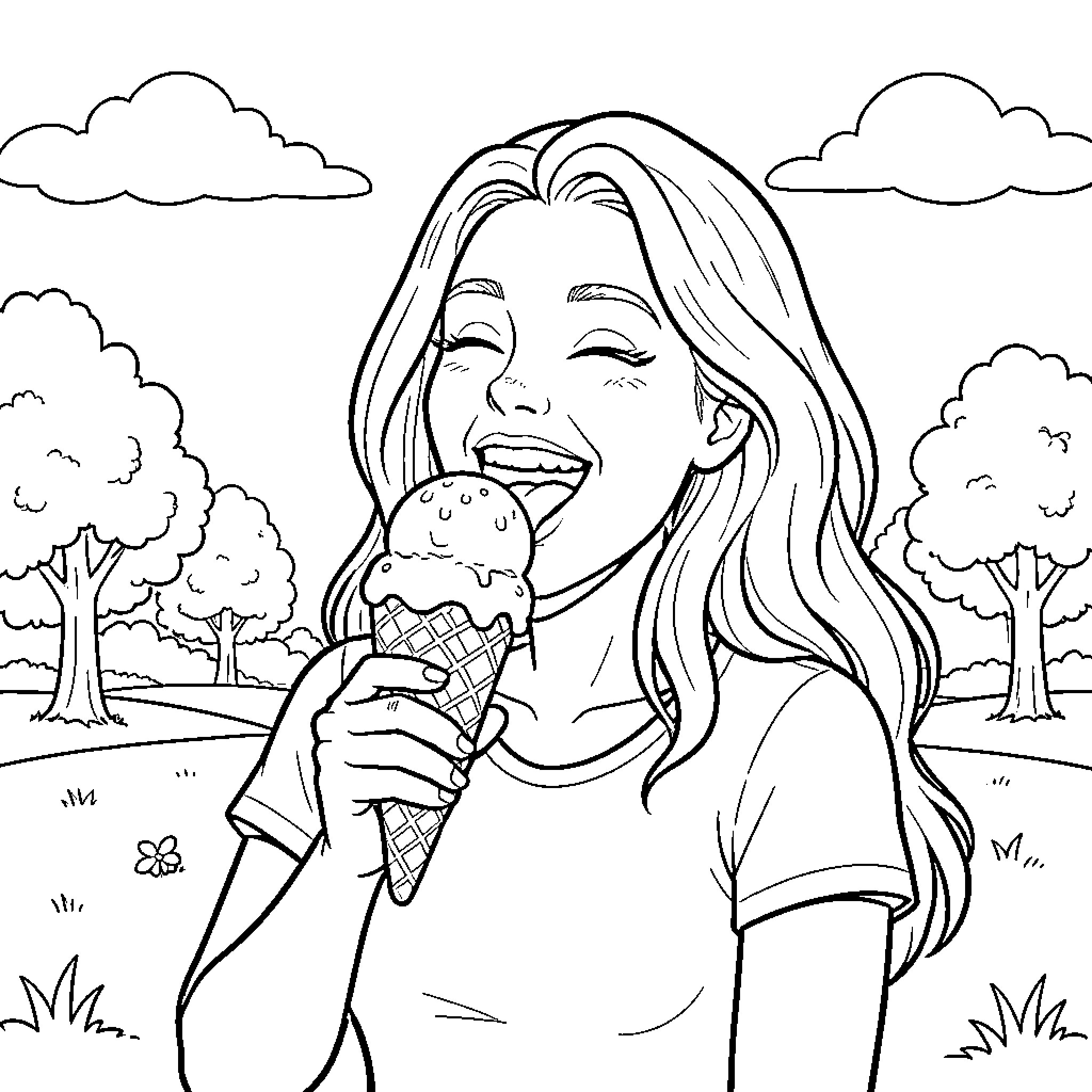 Alexis Texas enjoying an ice cream on a sunny day Coloring Page (free black-and-white line drawing printable PDF for all, from beginners to advanced learners, including children, teens, adults, and seniors)