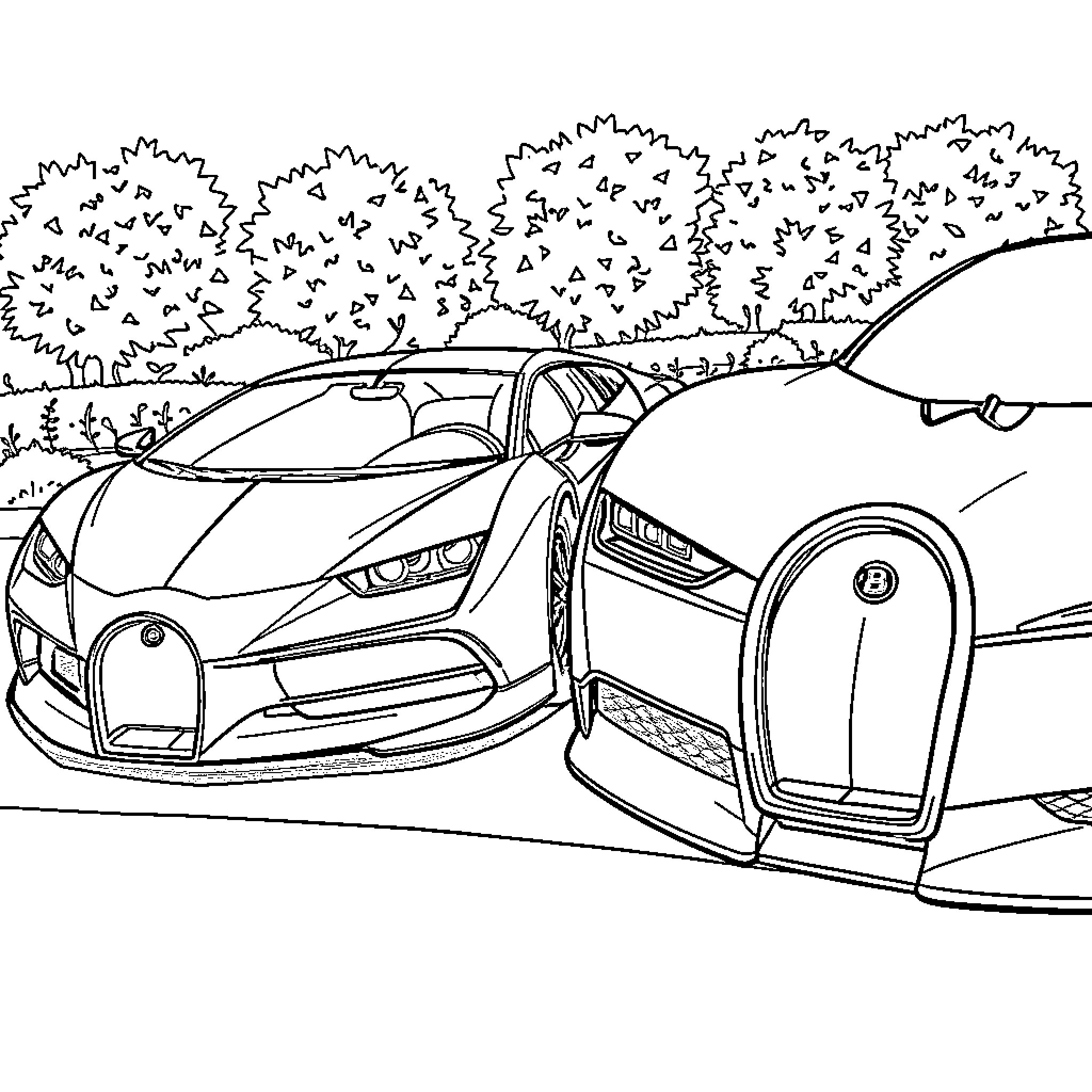 Car parked in the wilderness Coloring Page (free black-and-white line drawing printable PDF for all, from beginners to advanced learners, including children, teens, adults, and seniors)