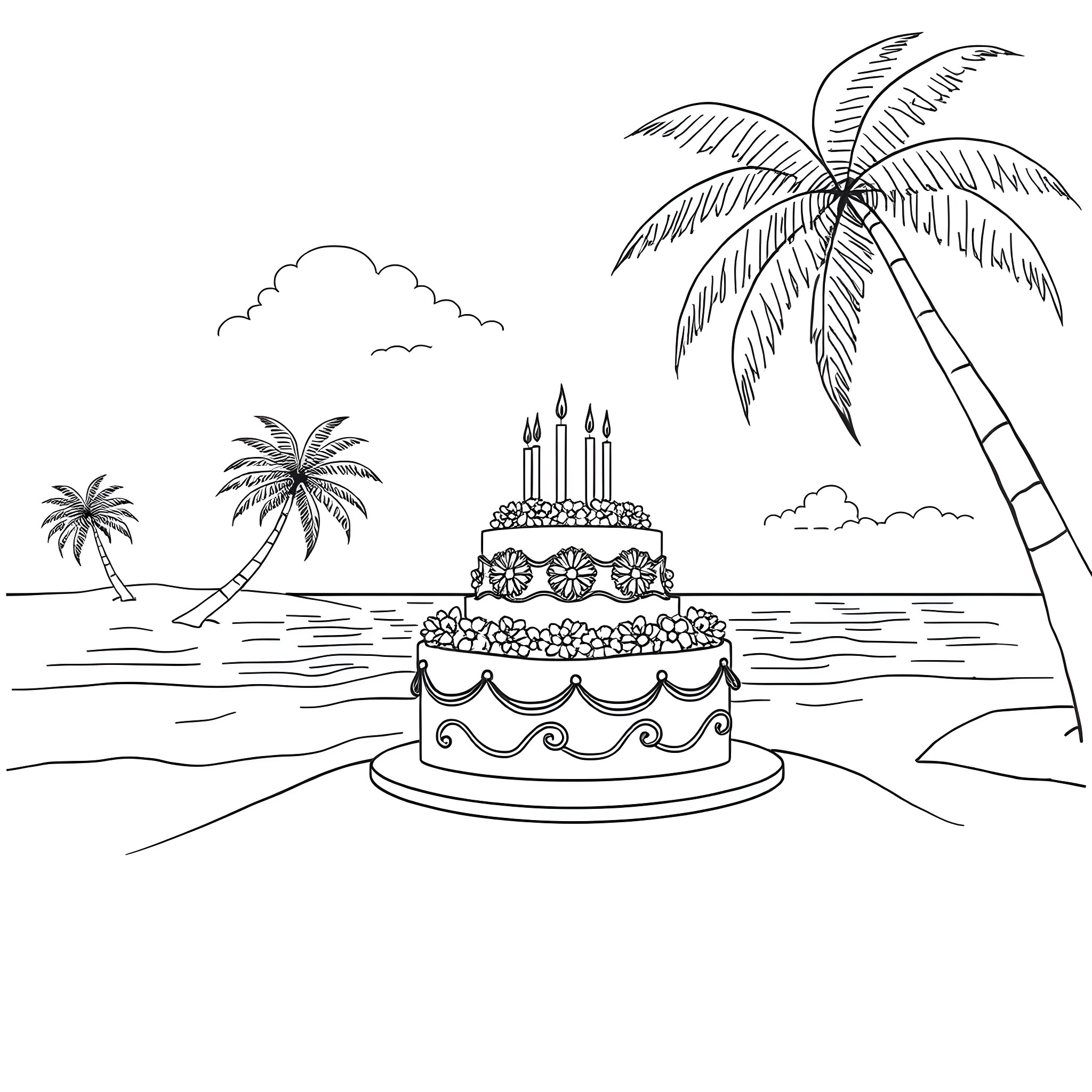 Cake on the Beach with Palm Trees Coloring Page (free black-and-white line drawing printable PDF for all, from beginners to advanced learners, including children, teens, adults, and seniors)