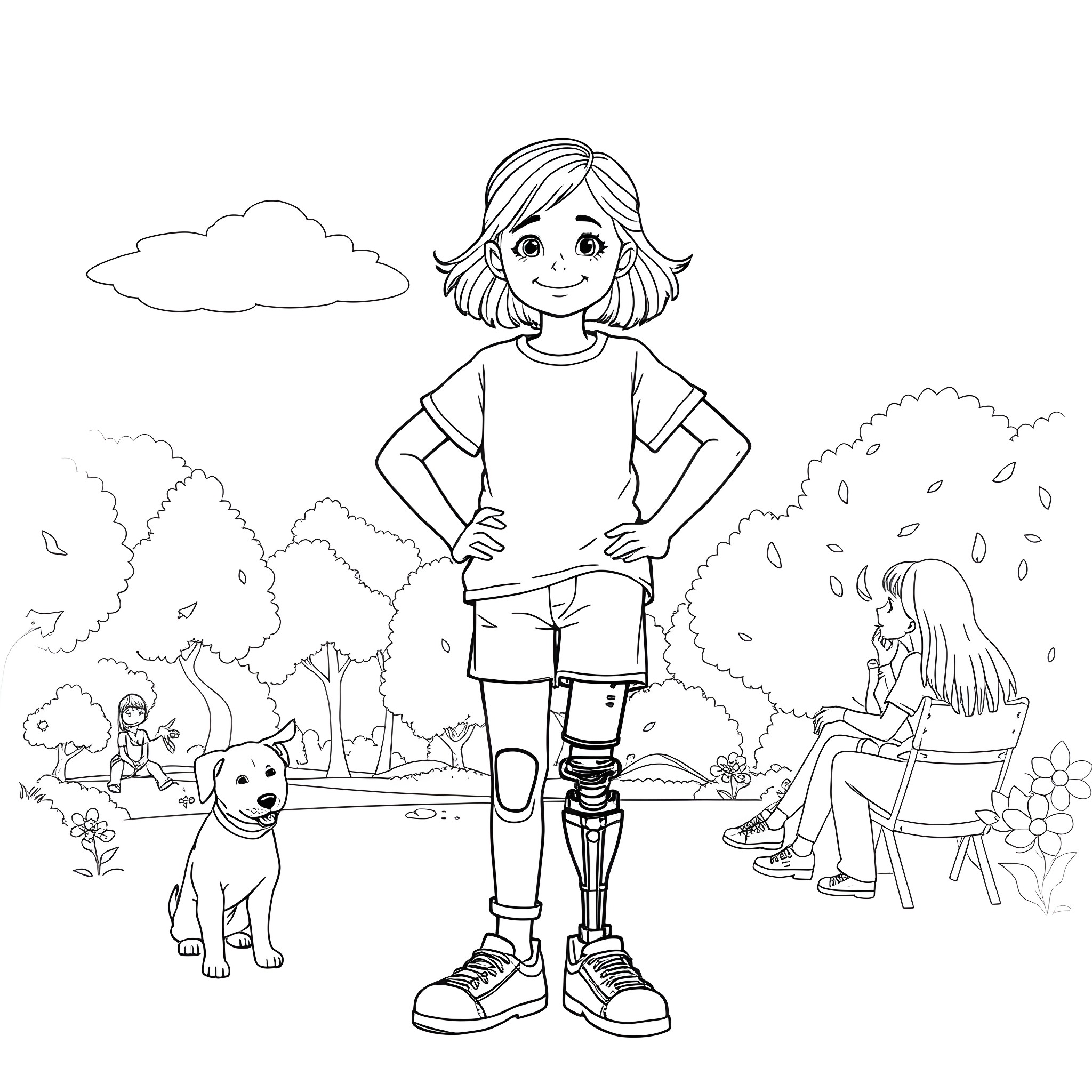 Girl exploring outdoors with her dog and friend Coloring Page (free black-and-white line drawing printable PDF for all, from beginners to advanced learners, including children, teens, adults, and seniors)