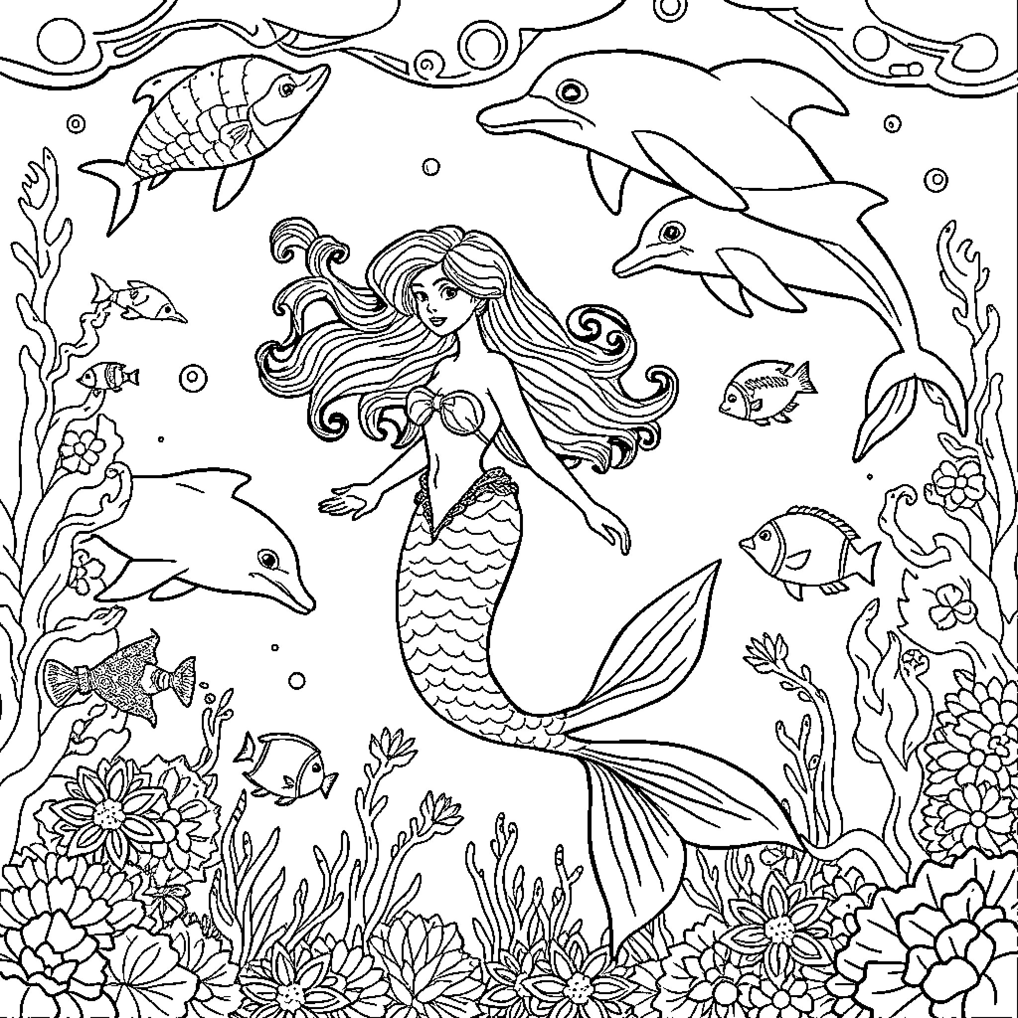 Mermaid swimming gracefully among underwater sea creatures Coloring Page (free black-and-white line drawing printable PDF for all, from beginners to advanced learners, including children, teens, adults, and seniors)