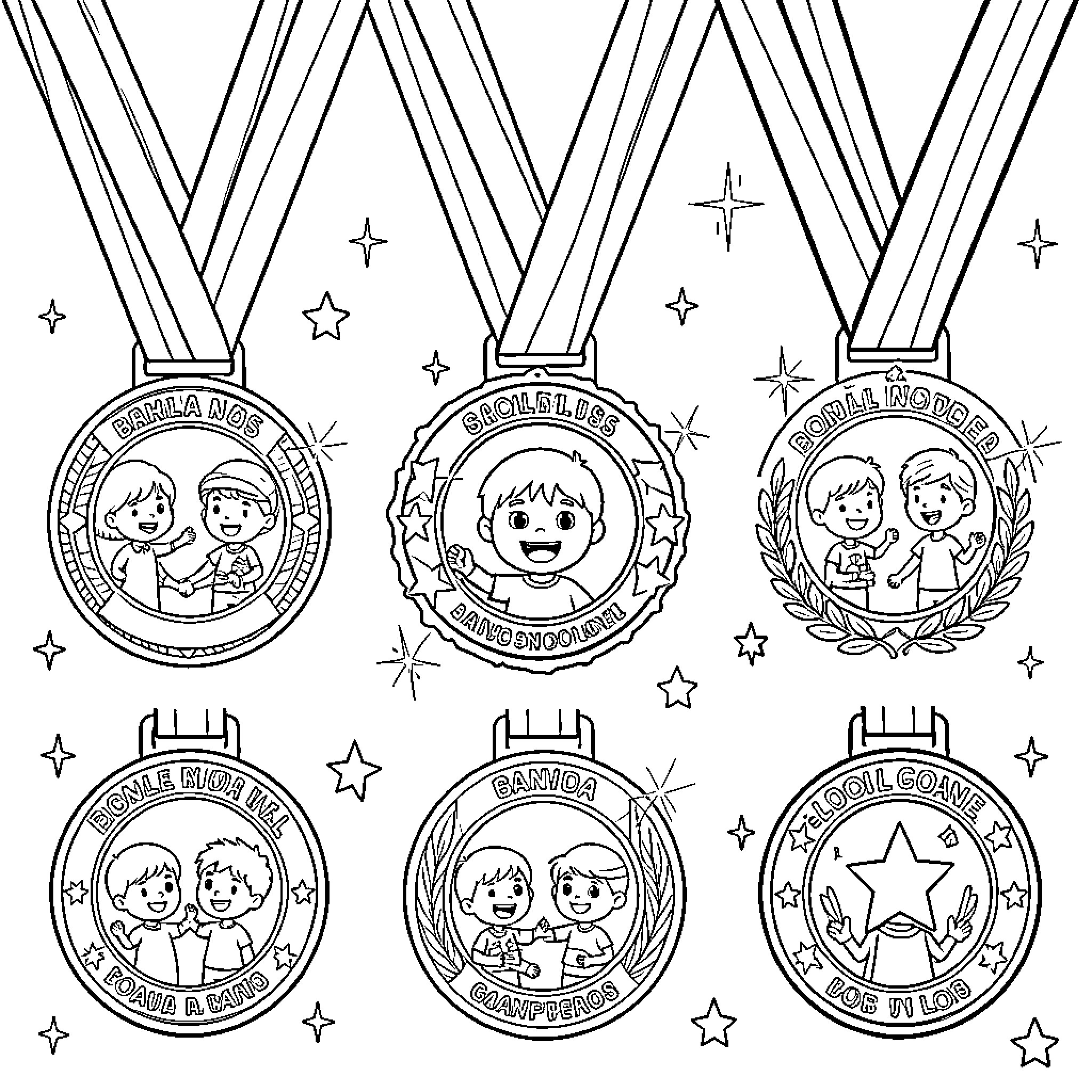 Medal Ceremony Depicting Joyful Children's Accomplishments Coloring Page (free black-and-white line drawing printable PDF for all, from beginners to advanced learners, including children, teens, adults, and seniors)