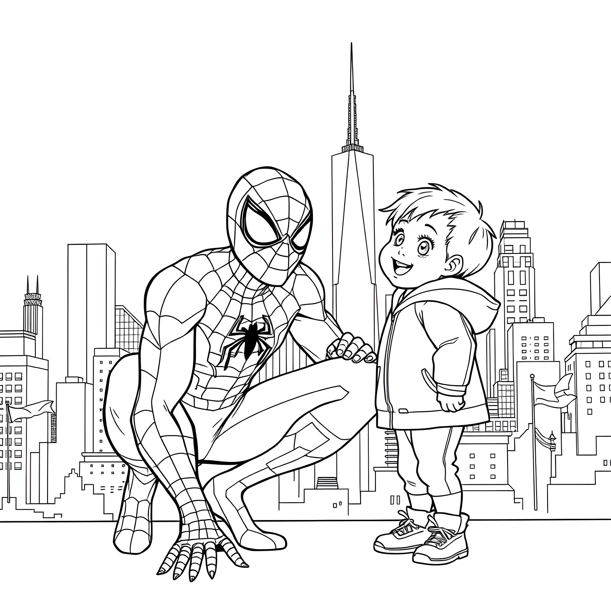 Spider-Man assisting a young boy in the city Coloring Page (free black-and-white line drawing printable PDF for all, from beginners to advanced learners, including children, teens, adults, and seniors)