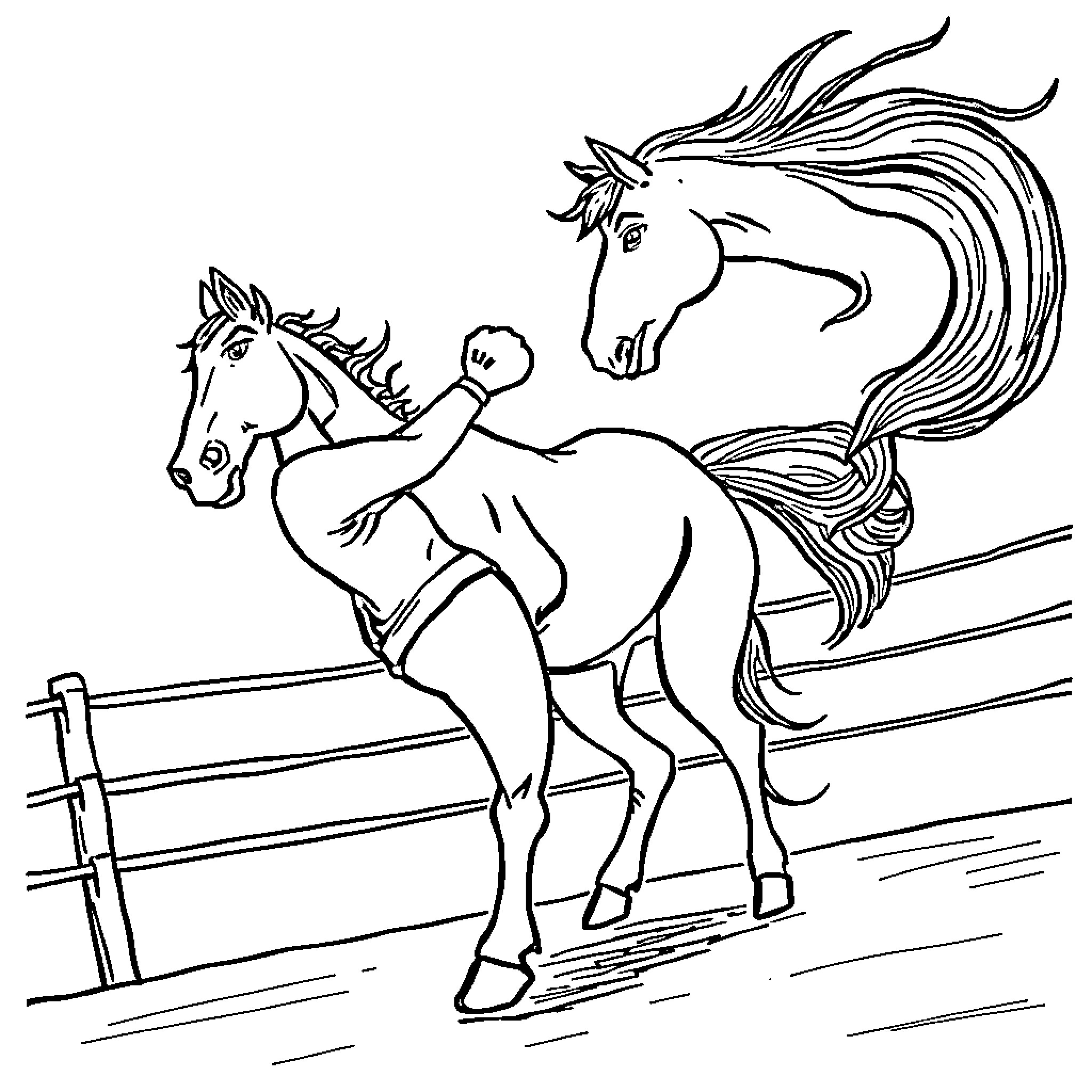 Horse riding with rider in action Coloring Page (free black-and-white line drawing printable PDF for all, from beginners to advanced learners, including children, teens, adults, and seniors)