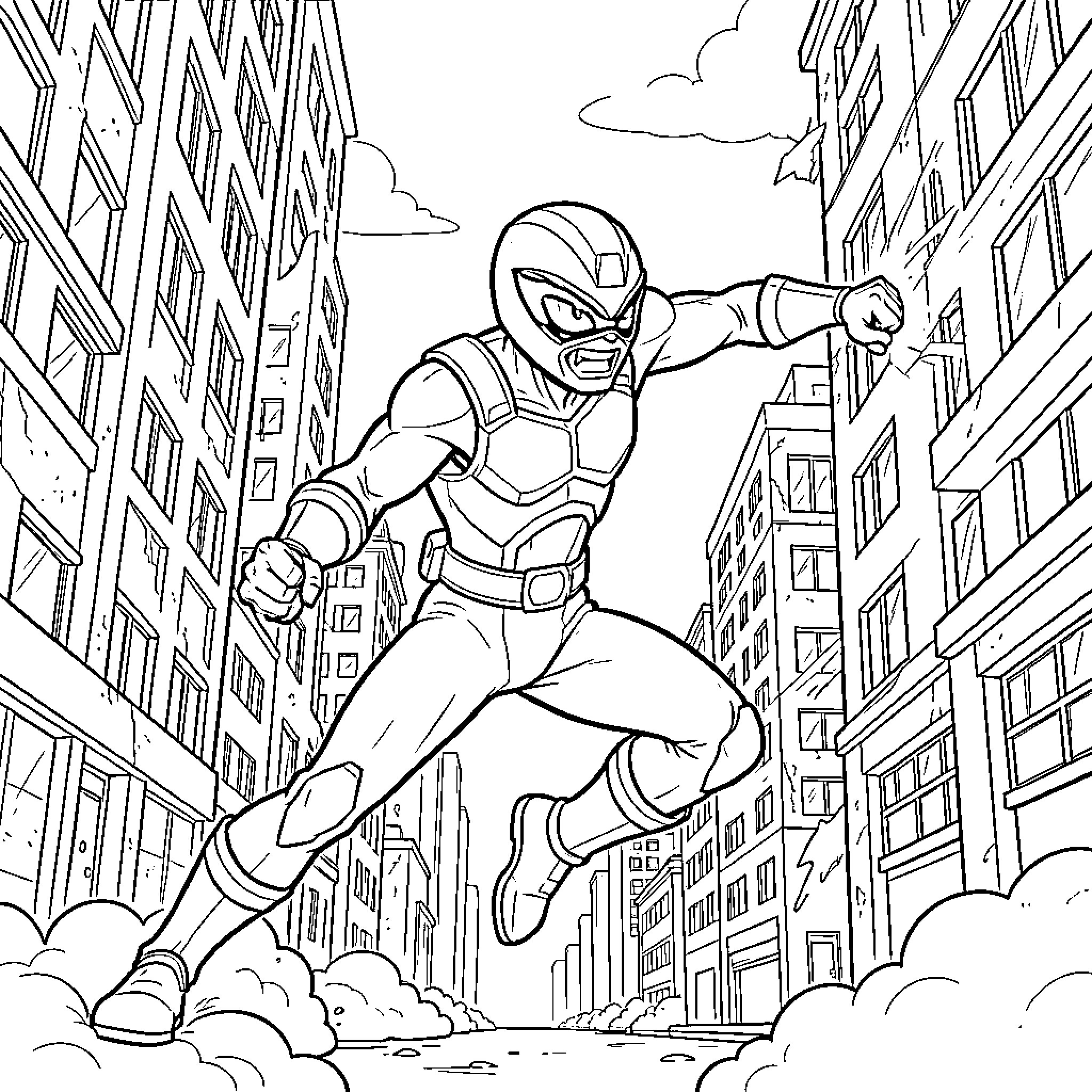 Power Ranger Hero Leaping Through City Skyline Coloring Page (free black-and-white line drawing printable PDF for all, from beginners to advanced learners, including children, teens, adults, and seniors)