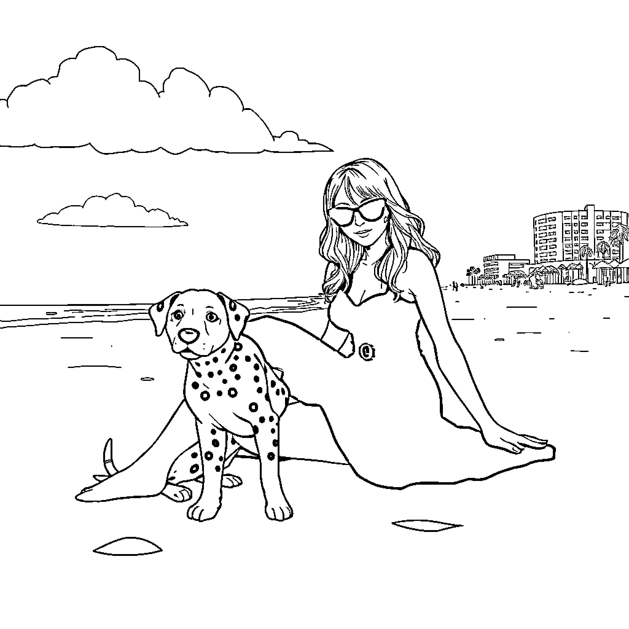 Wednesday Adams relaxing with her spotted dog on the beach Coloring Page (free black-and-white line drawing printable PDF for all, from beginners to advanced learners, including children, teens, adults, and seniors)