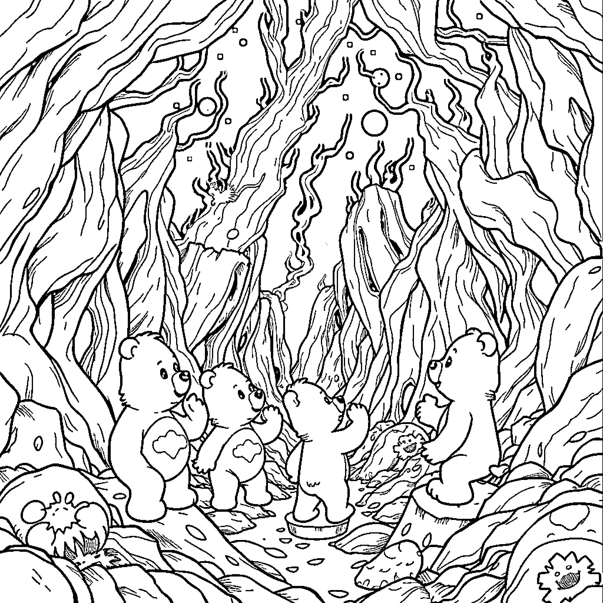 Care Bears exploring the enchanted forest Coloring Page (free black-and-white line drawing printable PDF for all, from beginners to advanced learners, including children, teens, adults, and seniors)