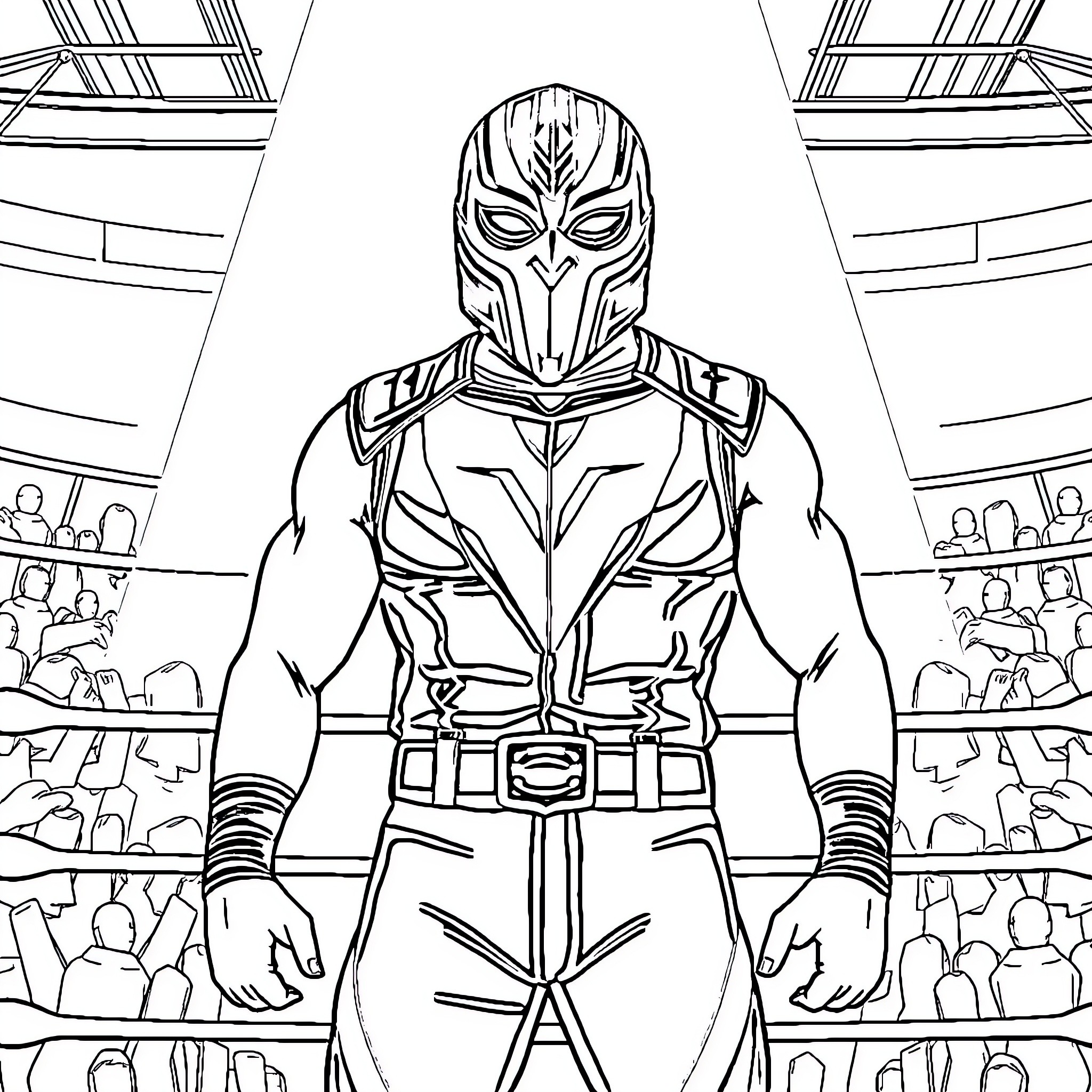 Pentagon Jr. confronting the crowd in the ring Coloring Page (free black-and-white line drawing printable PDF for all, from beginners to advanced learners, including children, teens, adults, and seniors)