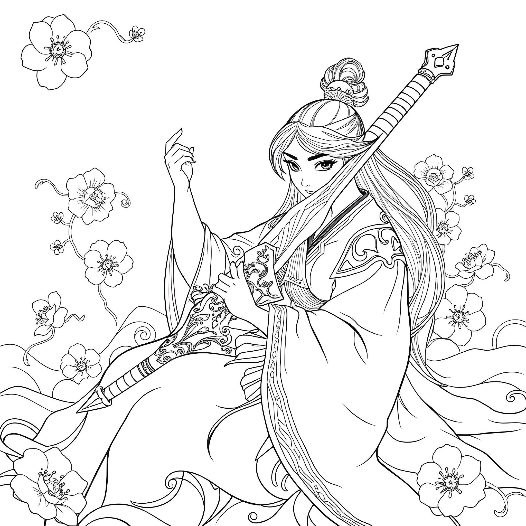 Mulan Wielding Sword Amidst Floral Scenery Coloring Page (free black-and-white line drawing printable PDF for all, from beginners to advanced learners, including children, teens, adults, and seniors)
