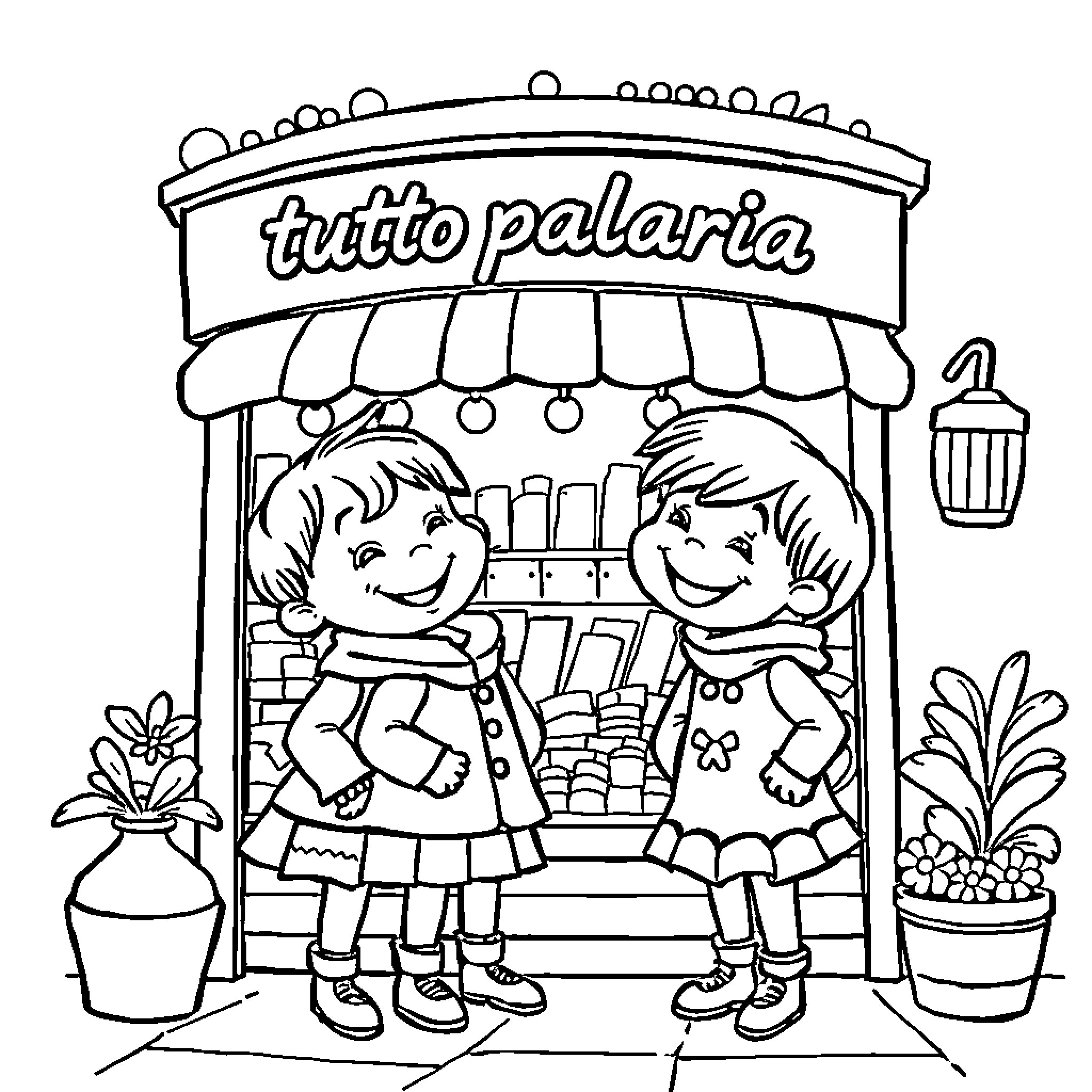 Children enjoying a Tutto palaria treat stand Coloring Page (free black-and-white line drawing printable PDF for all, from beginners to advanced learners, including children, teens, adults, and seniors)