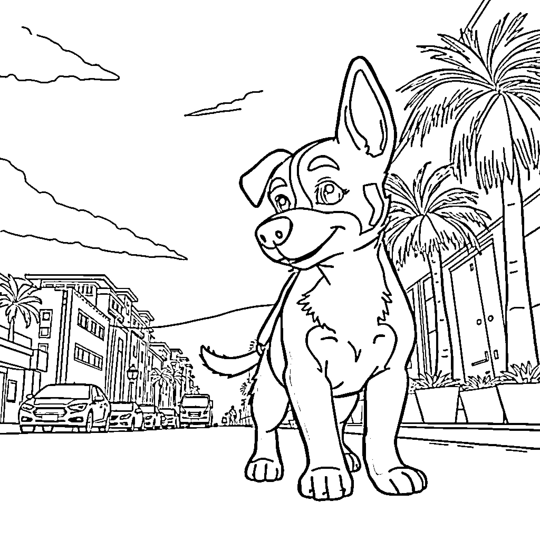 Bluey exploring a sunny coastal city Coloring Page (free black-and-white line drawing printable PDF for all, from beginners to advanced learners, including children, teens, adults, and seniors)