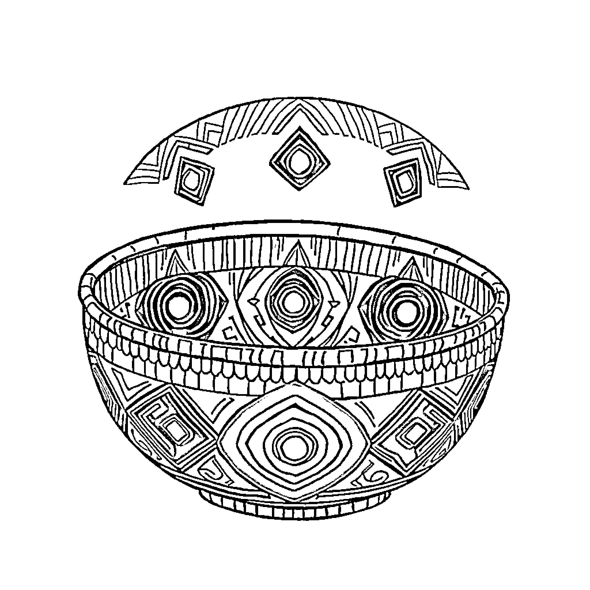 Yurok Basket with Intricate Geometric Designs Coloring Page (free black-and-white line drawing printable PDF for all, from beginners to advanced learners, including children, teens, adults, and seniors)
