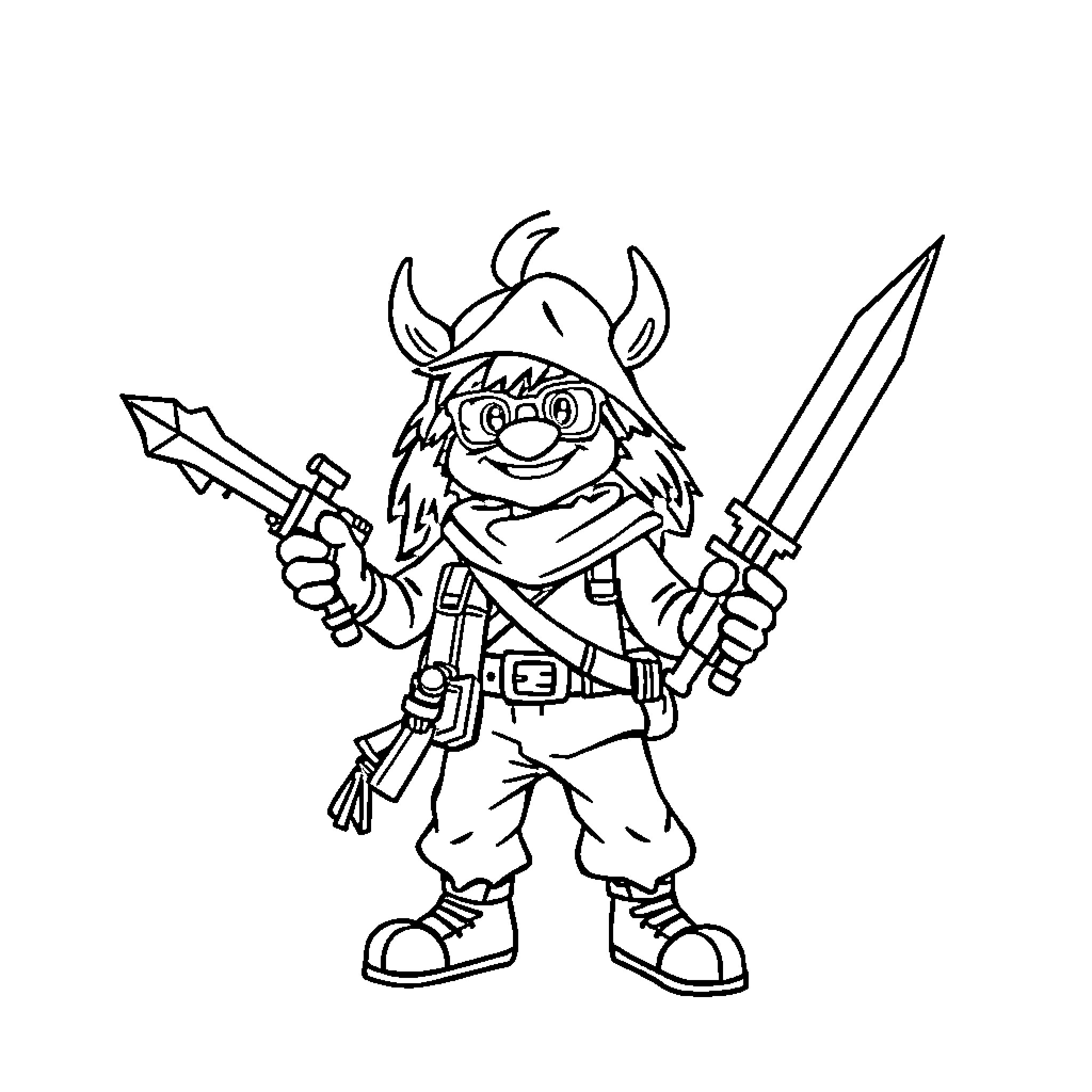 Goofy Viking Warrior with Weapons Coloring Page (free black-and-white line drawing printable PDF for all, from beginners to advanced learners, including children, teens, adults, and seniors)