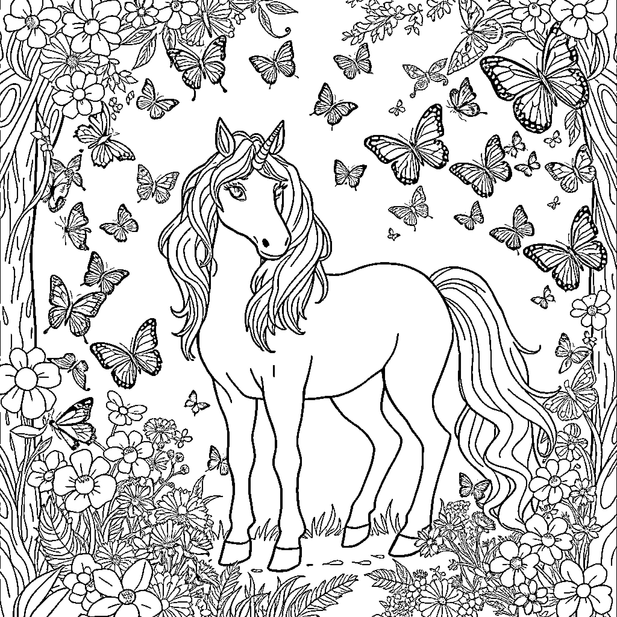 Unicorn amongst flowers and butterflies Coloring Page (free black-and-white line drawing printable PDF for all, from beginners to advanced learners, including children, teens, adults, and seniors)