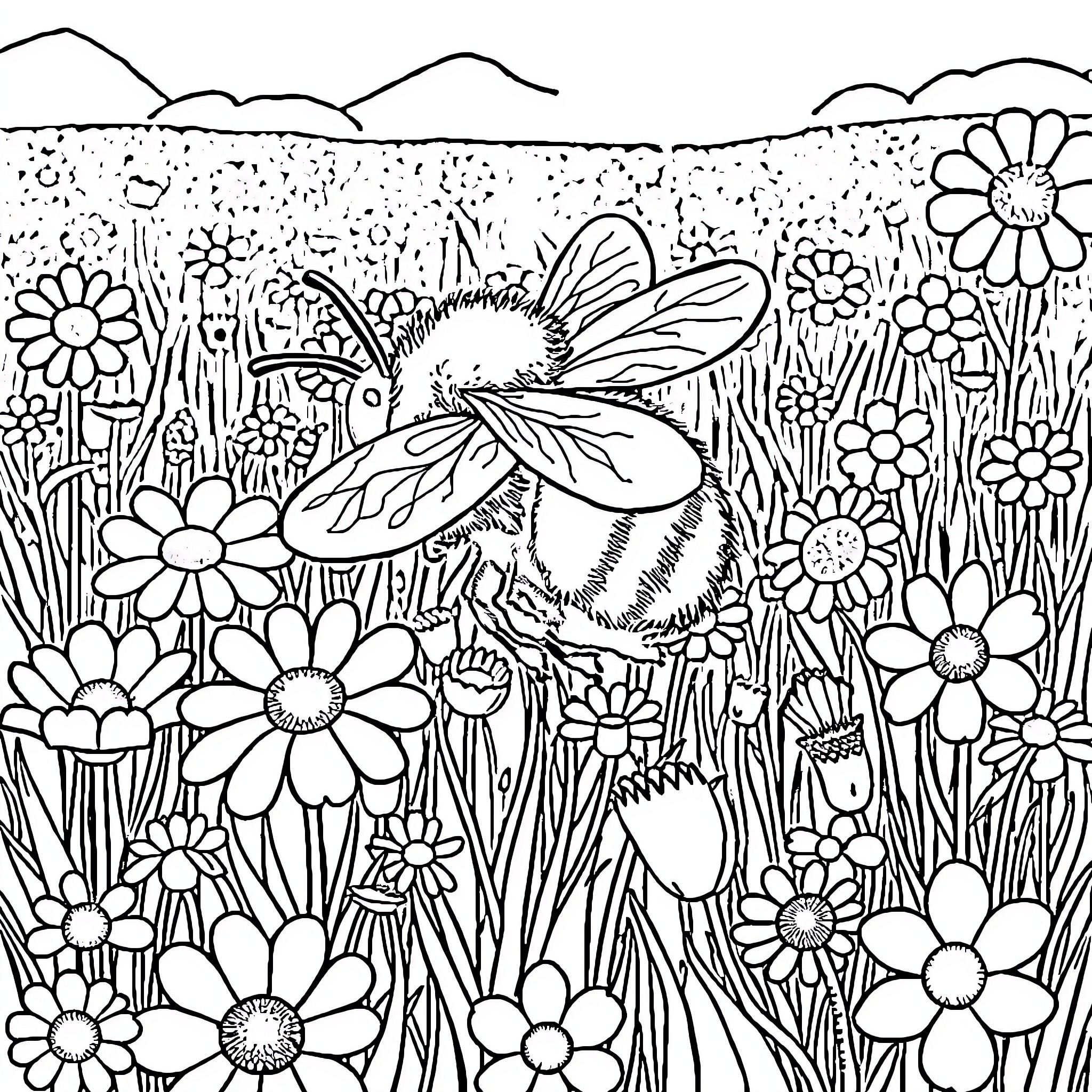 Bee flying amidst a field of blooming flowers Coloring Page (free black-and-white line drawing printable PDF for all, from beginners to advanced learners, including children, teens, adults, and seniors)