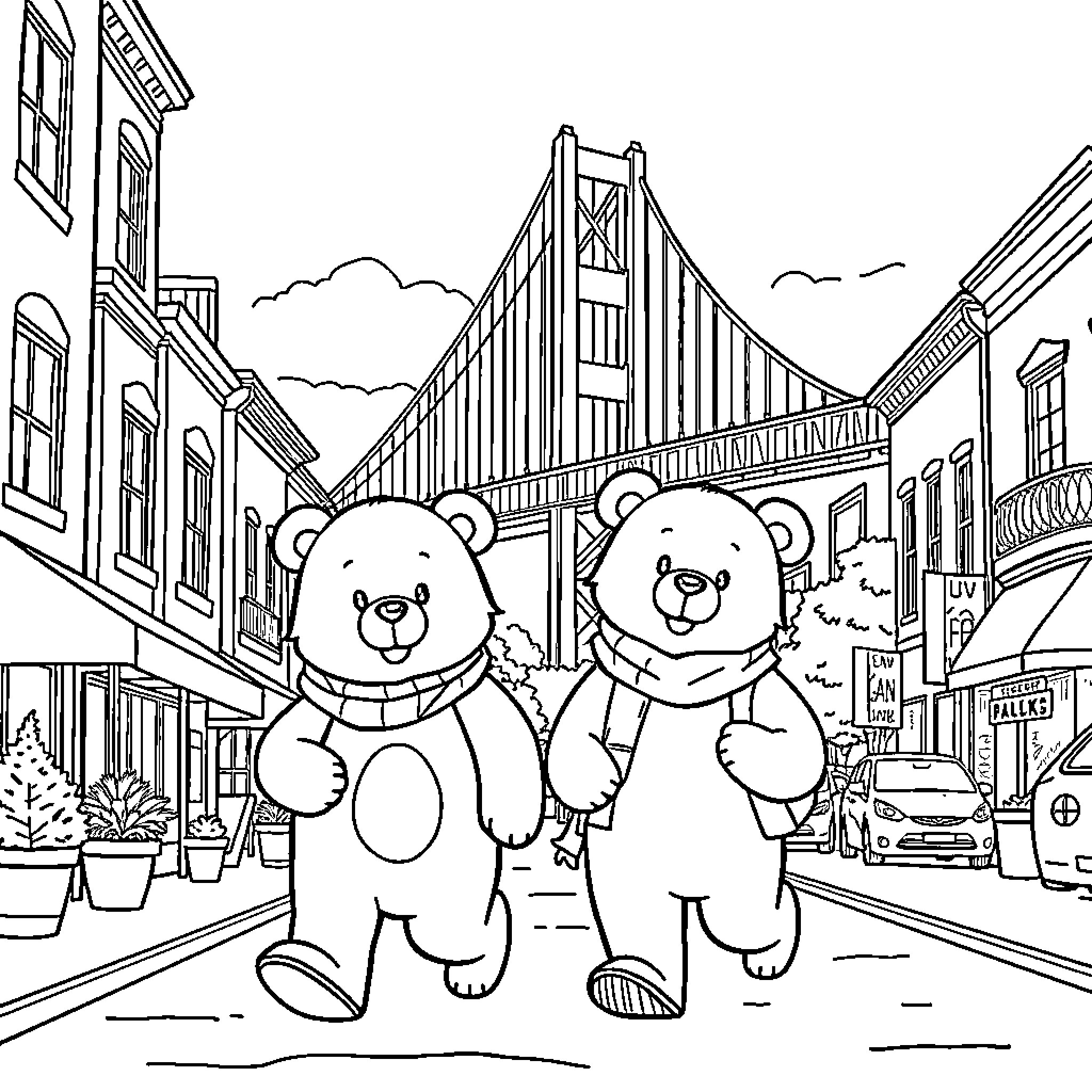 Milk and Mocha Bear strolling on city street Coloring Page (free black-and-white line drawing printable PDF for all, from beginners to advanced learners, including children, teens, adults, and seniors)