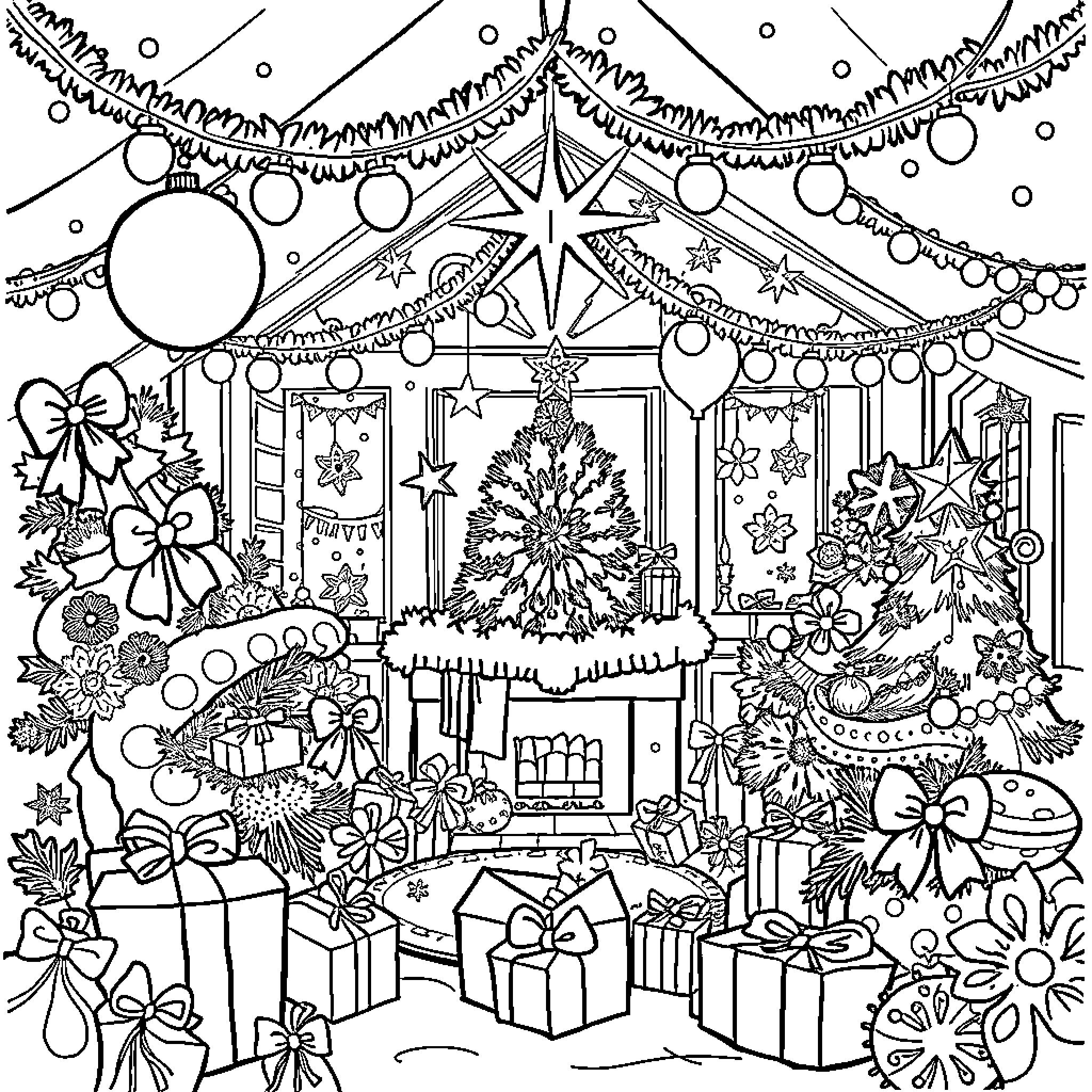 Christmas Decorations and Presents in a Festive Scene Coloring Page (free black-and-white line drawing printable PDF for all, from beginners to advanced learners, including children, teens, adults, and seniors)