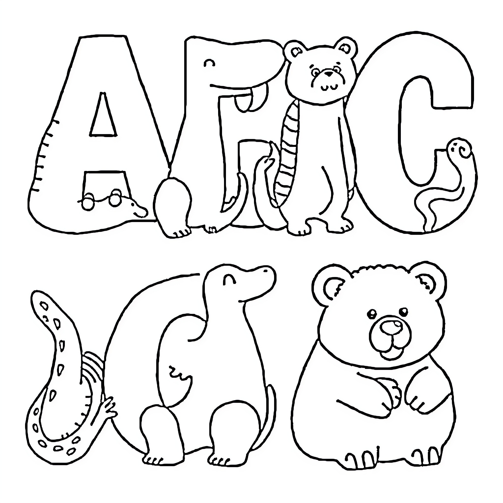 Animal themed alphabet and creatures Coloring Page (free black-and-white line drawing printable PDF for all, from beginners to advanced learners, including children, teens, adults, and seniors)