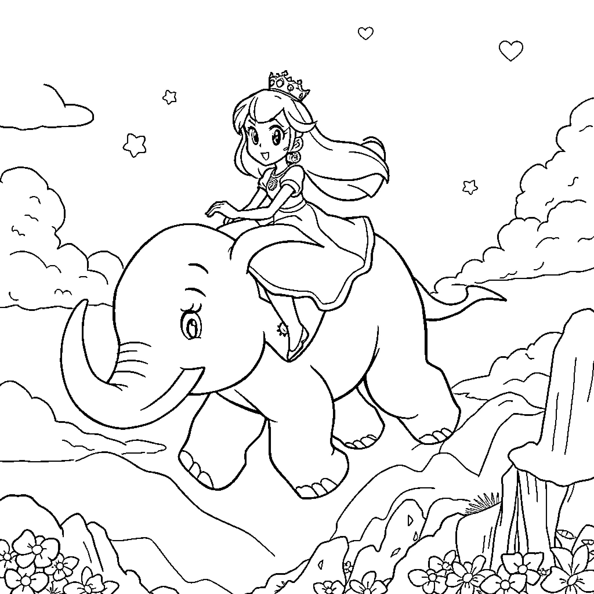 Princess Peach riding a playful elephant in the clouds Coloring Page (free black-and-white line drawing printable PDF for all, from beginners to advanced learners, including children, teens, adults, and seniors)