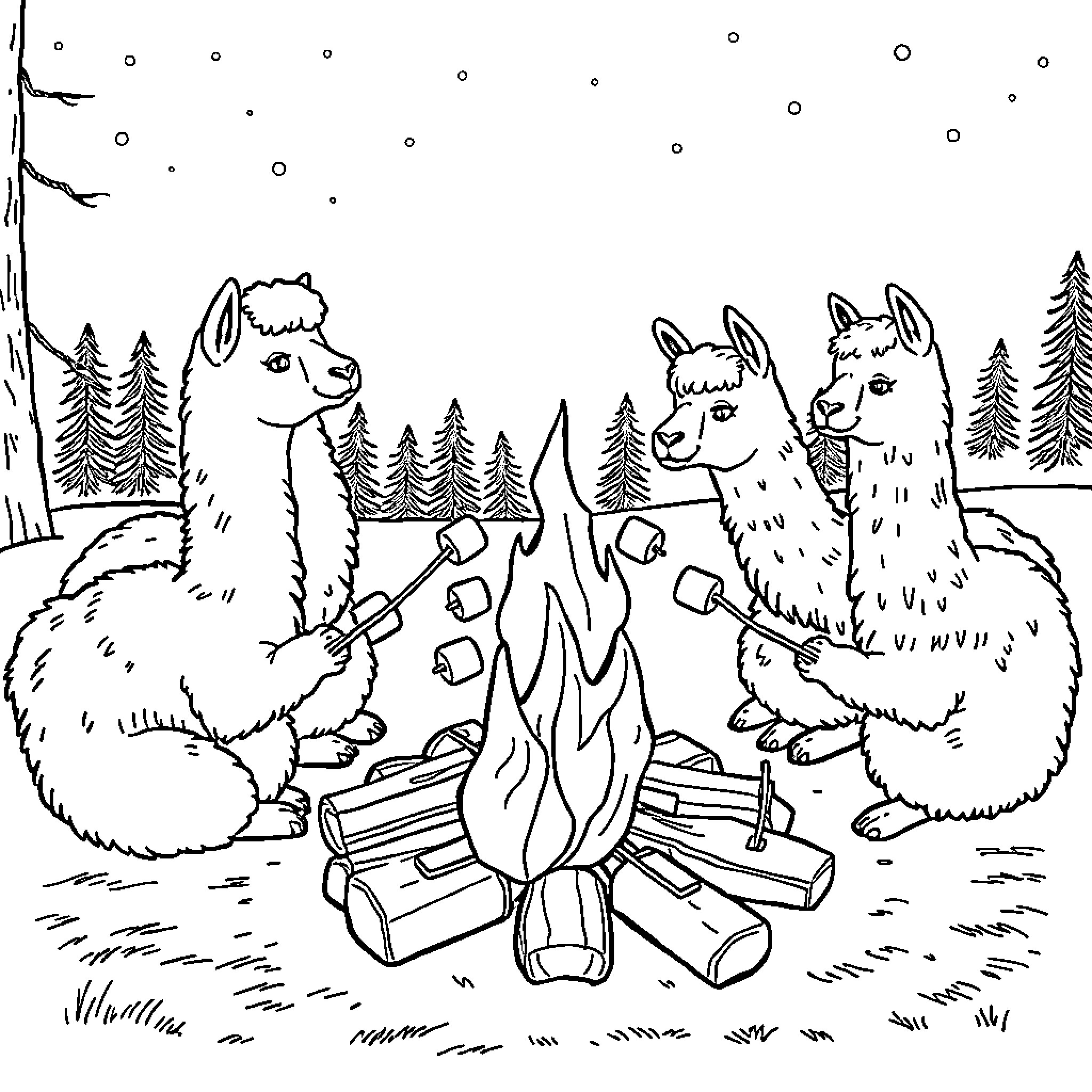 Alpacas roasting marshmallows around campfire in winter forest Coloring Page (free black-and-white line drawing printable PDF for all, from beginners to advanced learners, including children, teens, adults, and seniors)