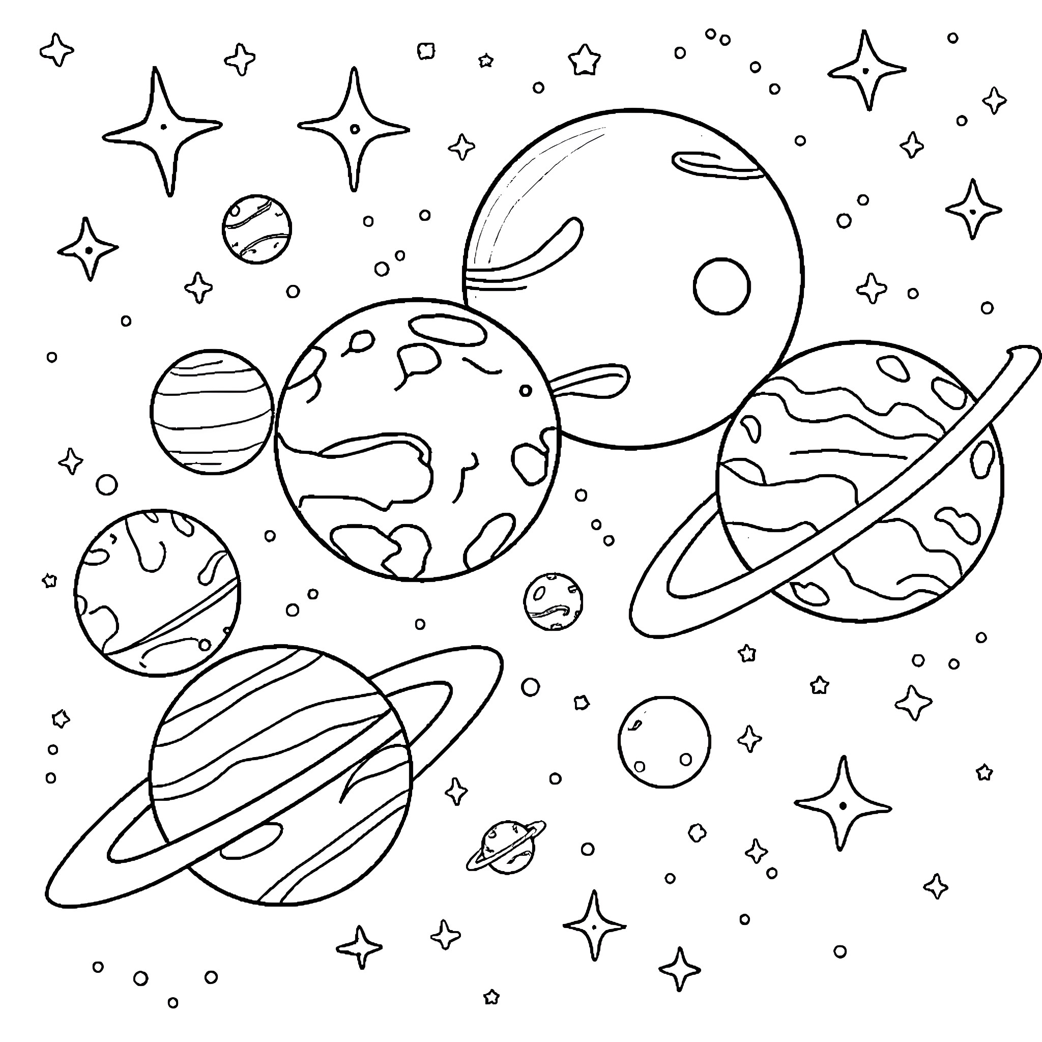 Adventure through the cosmic universe Coloring Page (free black-and-white line drawing printable PDF for all, from beginners to advanced learners, including children, teens, adults, and seniors)