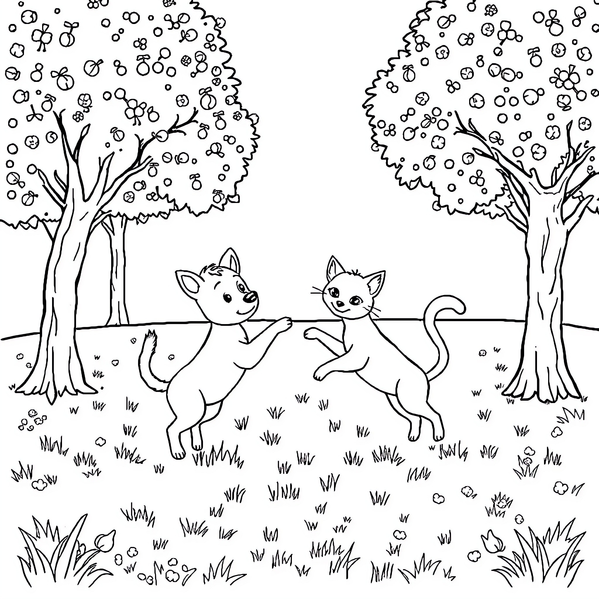 Dog and Cat Playing Joyfully in the Forest Coloring Page (free black-and-white line drawing printable PDF for all, from beginners to advanced learners, including children, teens, adults, and seniors)