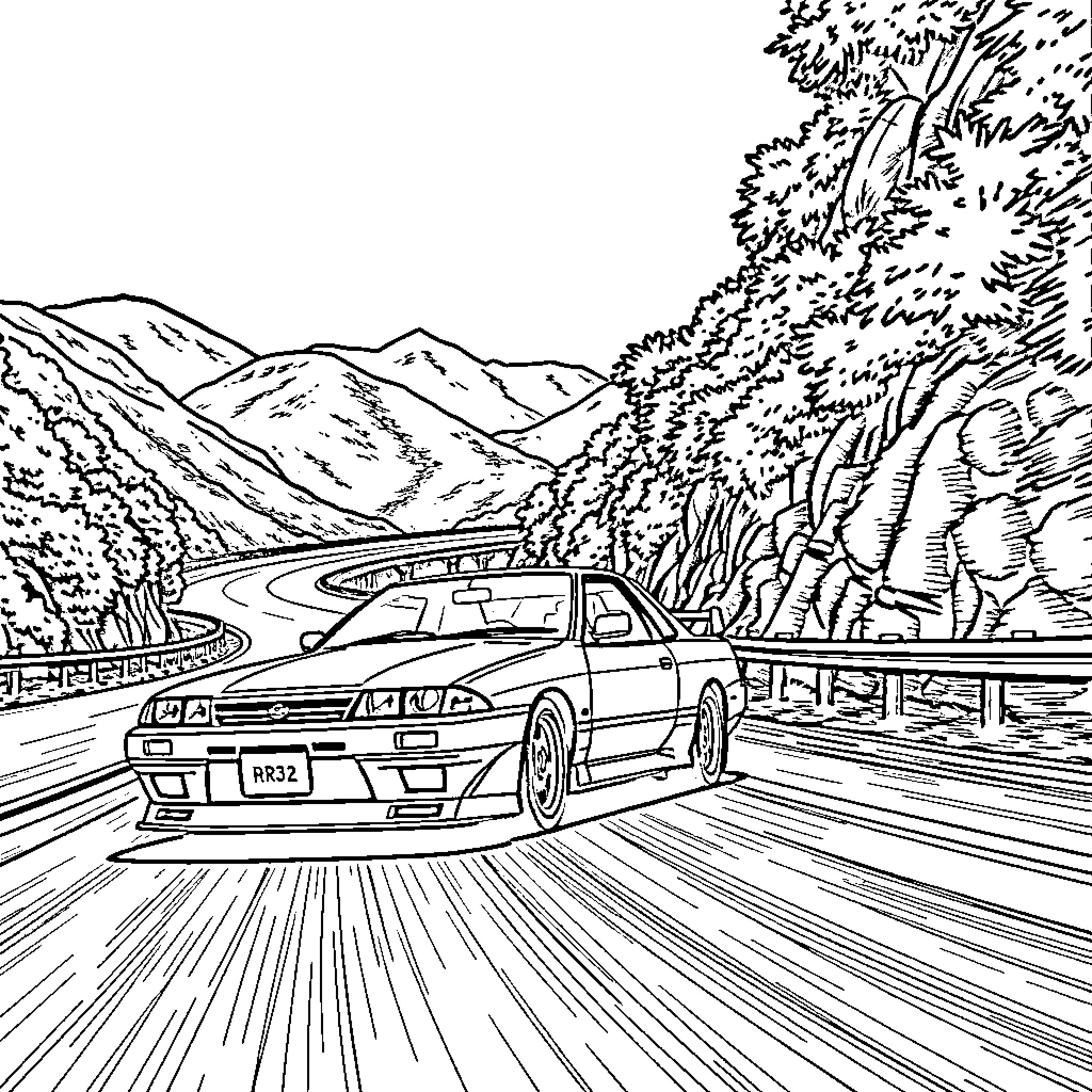 Nissan Skyline racing through scenic mountain roads Coloring Page (free black-and-white line drawing printable PDF for all, from beginners to advanced learners, including children, teens, adults, and seniors)