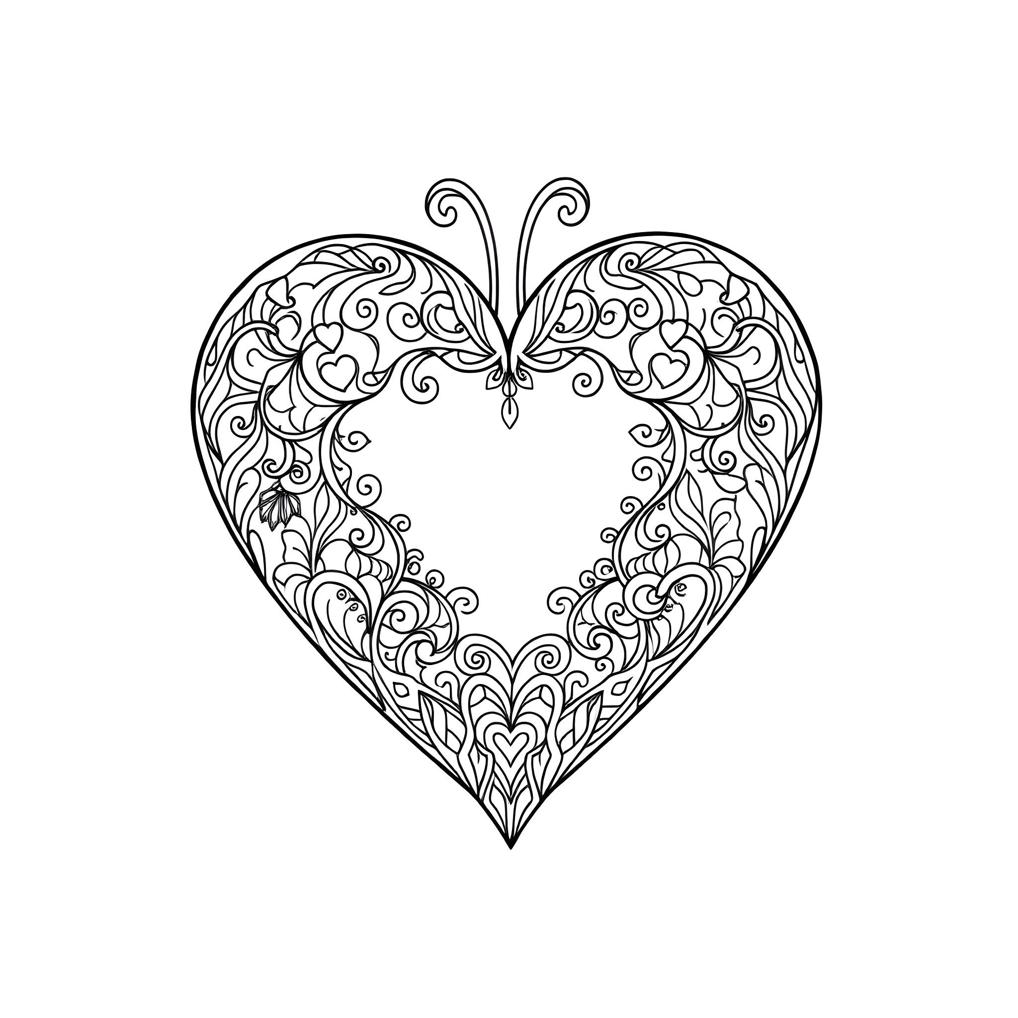 Heart with Intricate Floral Patterns Coloring Page (free black-and-white line drawing printable PDF for all, from beginners to advanced learners, including children, teens, adults, and seniors)
