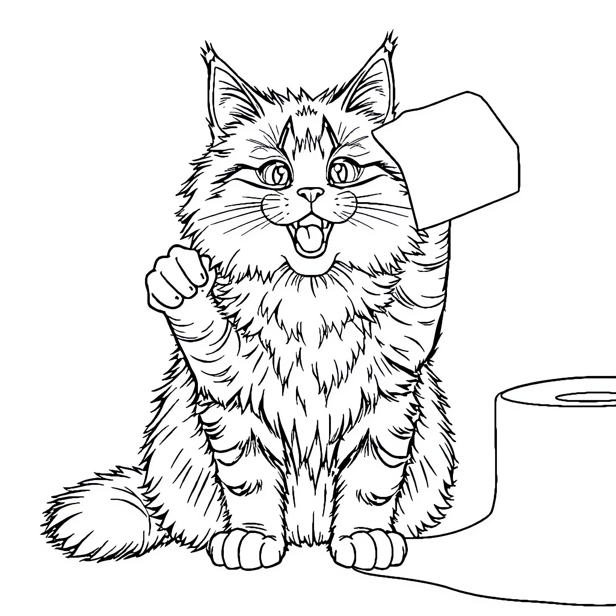 Maine Coon Cat Playing with Toilet Paper Coloring Page (free black-and-white line drawing printable PDF for all, from beginners to advanced learners, including children, teens, adults, and seniors)