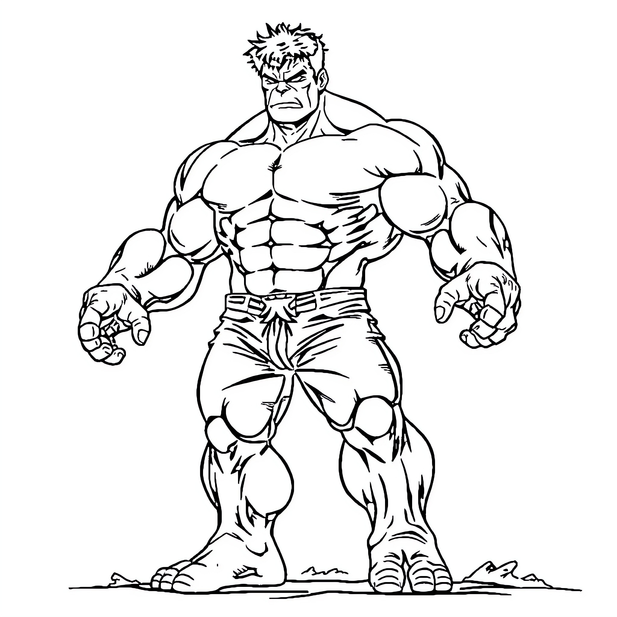 Hulk flexing his muscular frame with determination Coloring Page (free black-and-white line drawing printable PDF for all, from beginners to advanced learners, including children, teens, adults, and seniors)