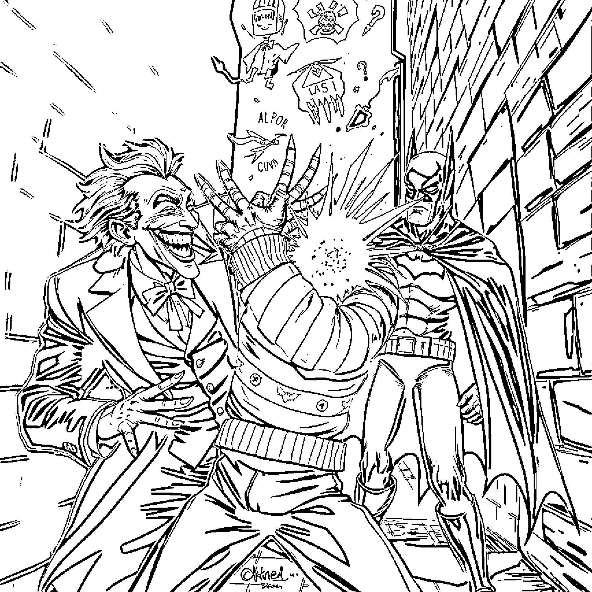 Joker's Chaotic Confrontation with Batman Coloring Page (free black-and-white line drawing printable PDF for all, from beginners to advanced learners, including children, teens, adults, and seniors)