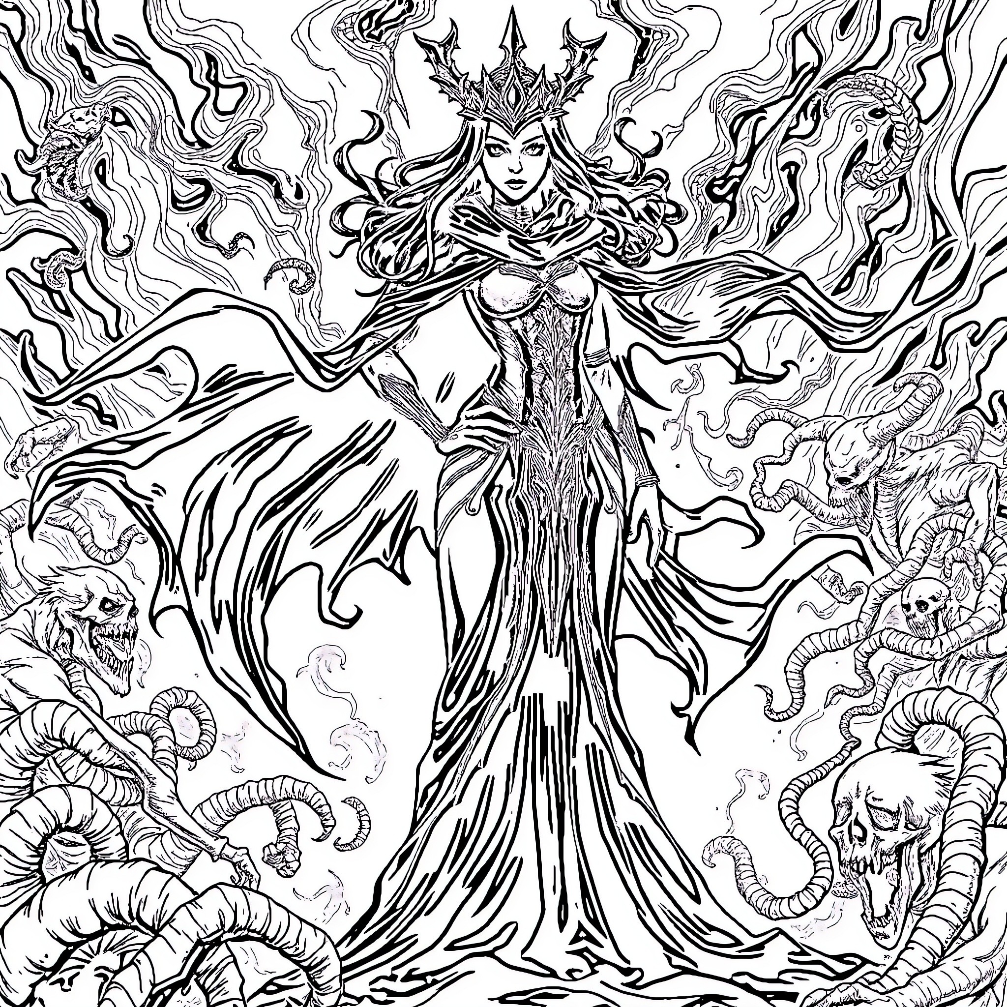 Liliana, the Mystical Sorceress Adorned in Ethereal Elegance Coloring Page (free black-and-white line drawing printable PDF for all, from beginners to advanced learners, including children, teens, adults, and seniors)