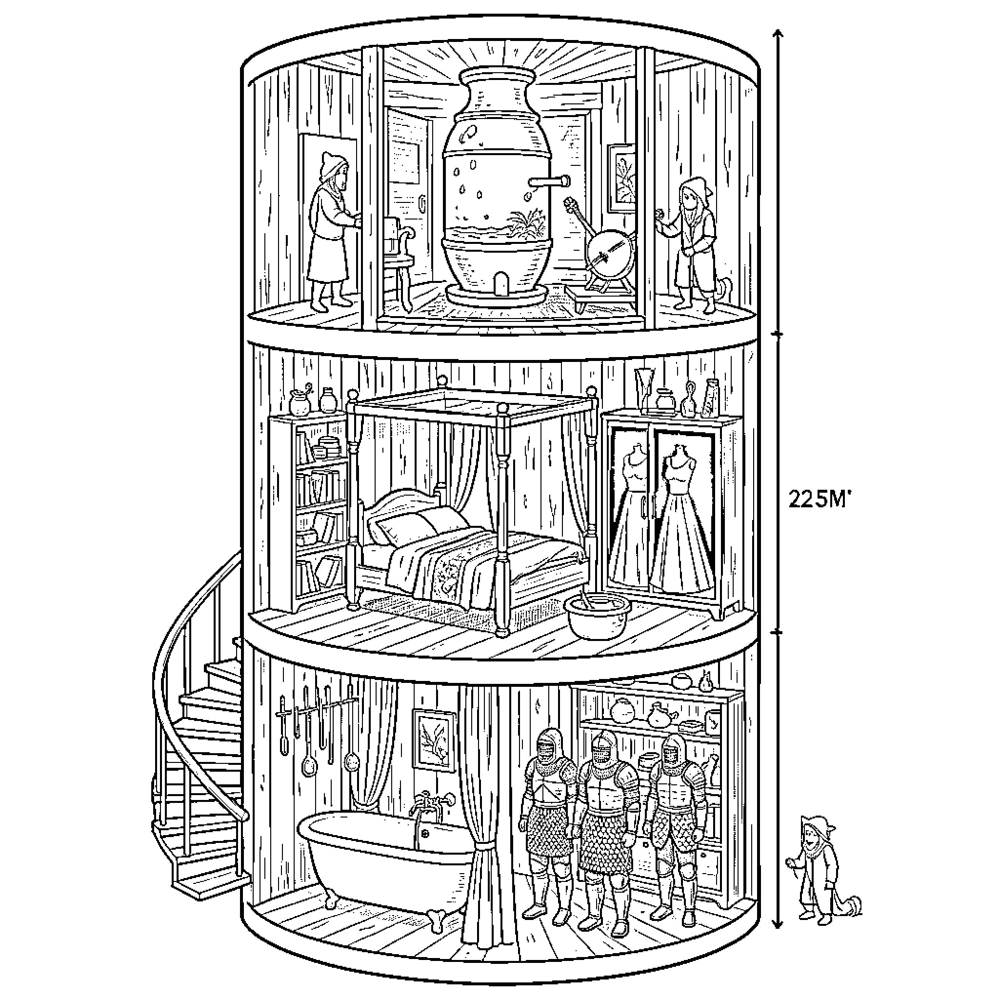 Cylinder containing multiple floors of a detailed lived-in home Coloring Page (free black-and-white line drawing printable PDF for all, from beginners to advanced learners, including children, teens, adults, and seniors)