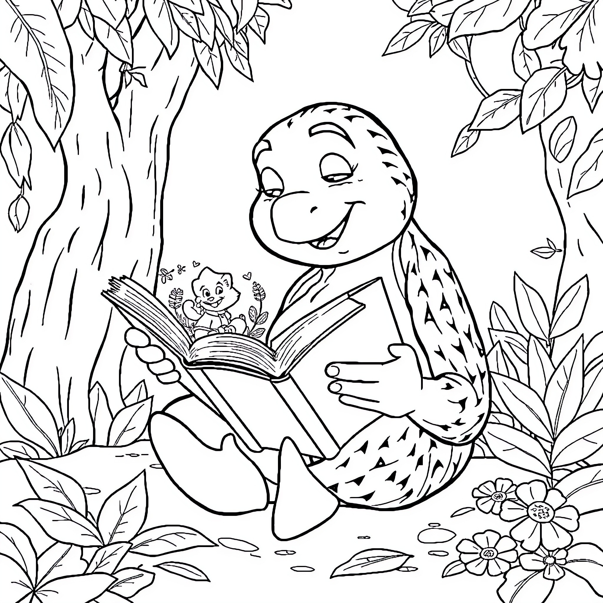 Amazon creature reading a book in the forest Coloring Page (free black-and-white line drawing printable PDF for all, from beginners to advanced learners, including children, teens, adults, and seniors)